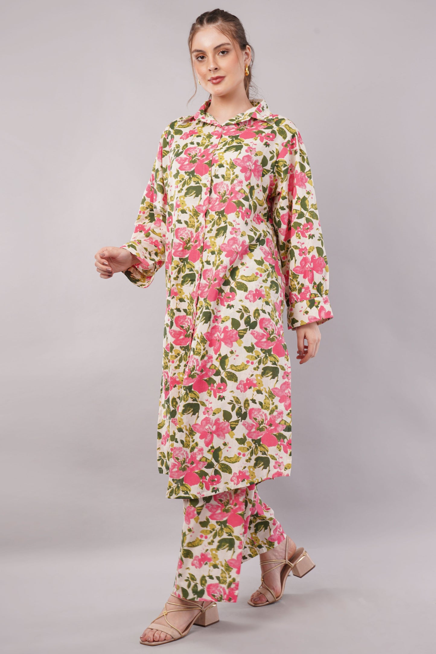 Women’s Floral Printed Co-Ord Set – Long Button-Down Shirt & Wide-Leg Pants Two-Piece Outfit