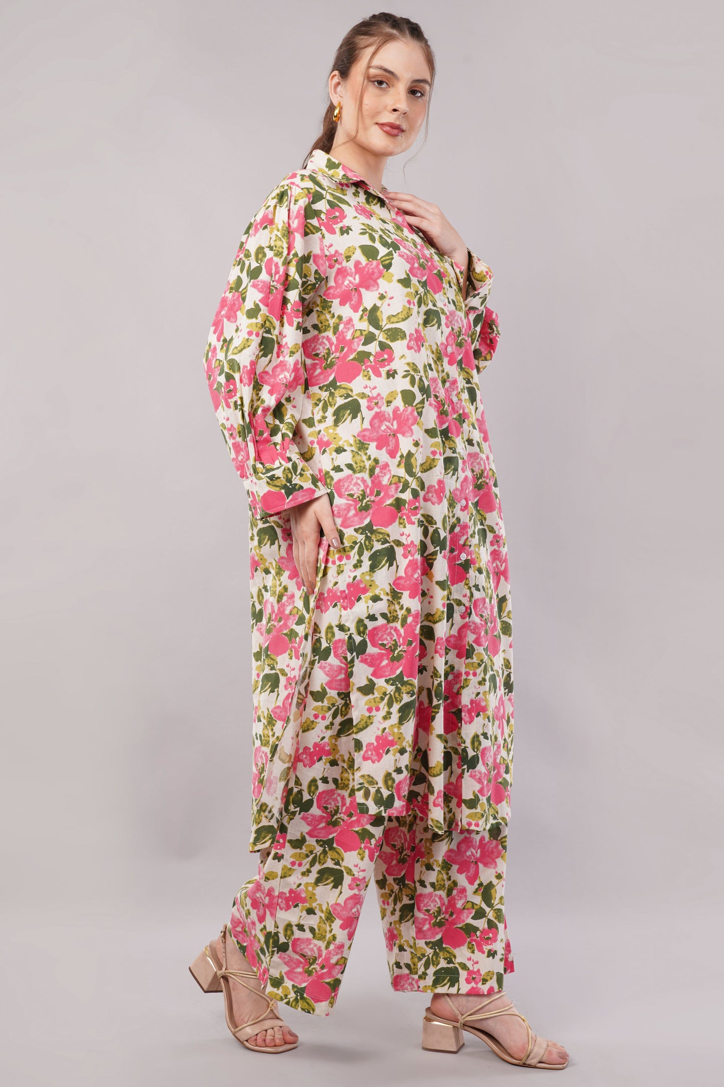 Women’s Floral Printed Co-Ord Set – Long Button-Down Shirt & Wide-Leg Pants Two-Piece Outfit