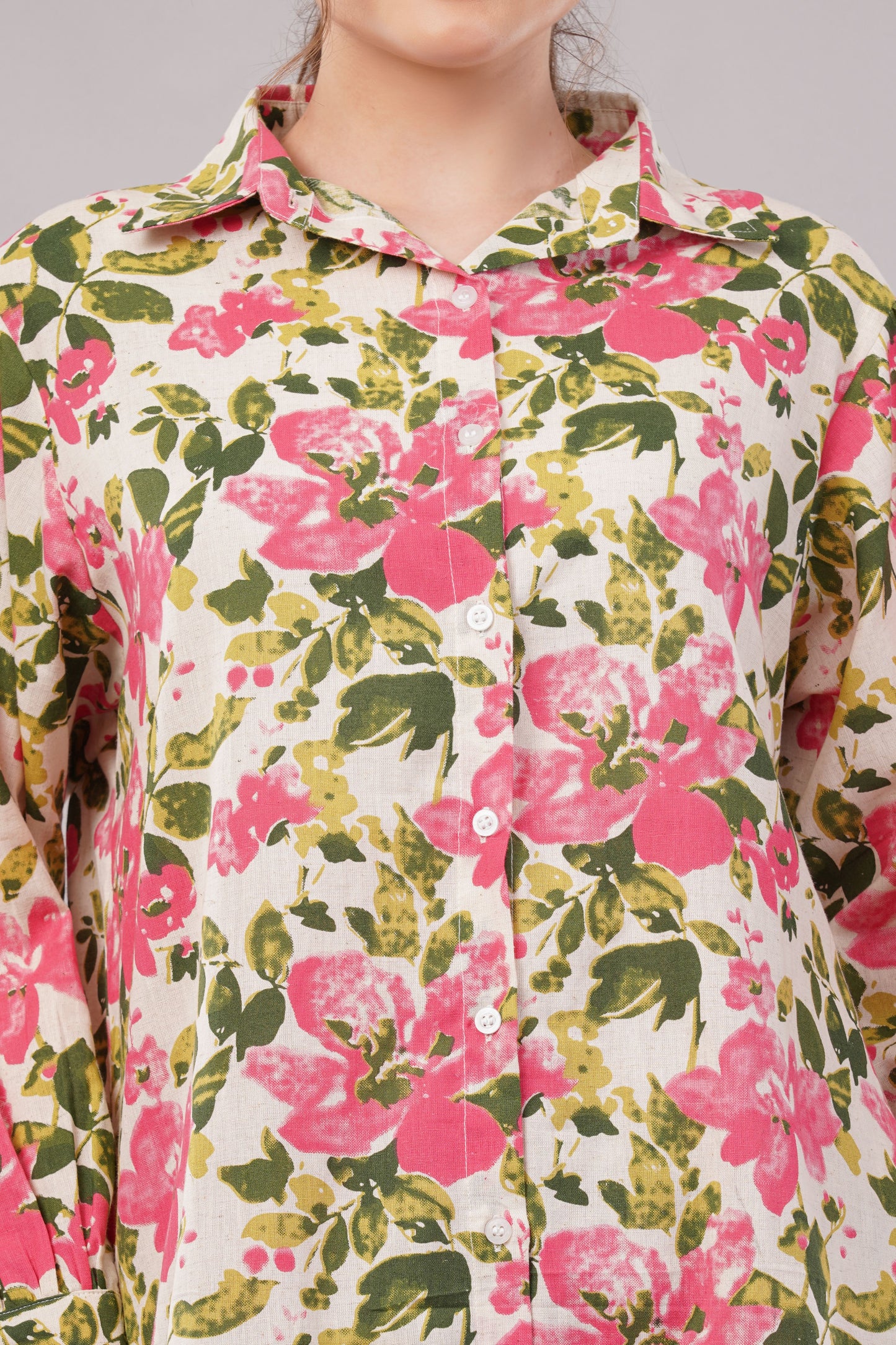 Women’s Floral Printed Co-Ord Set – Long Button-Down Shirt & Wide-Leg Pants Two-Piece Outfit