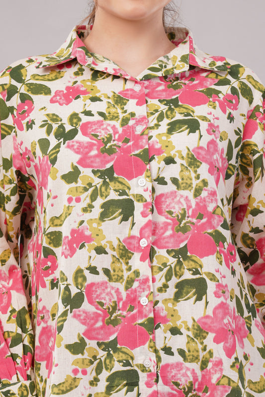 Women’s Floral Printed Co-Ord Set – Long Button-Down Shirt & Wide-Leg Pants Two-Piece Outfit