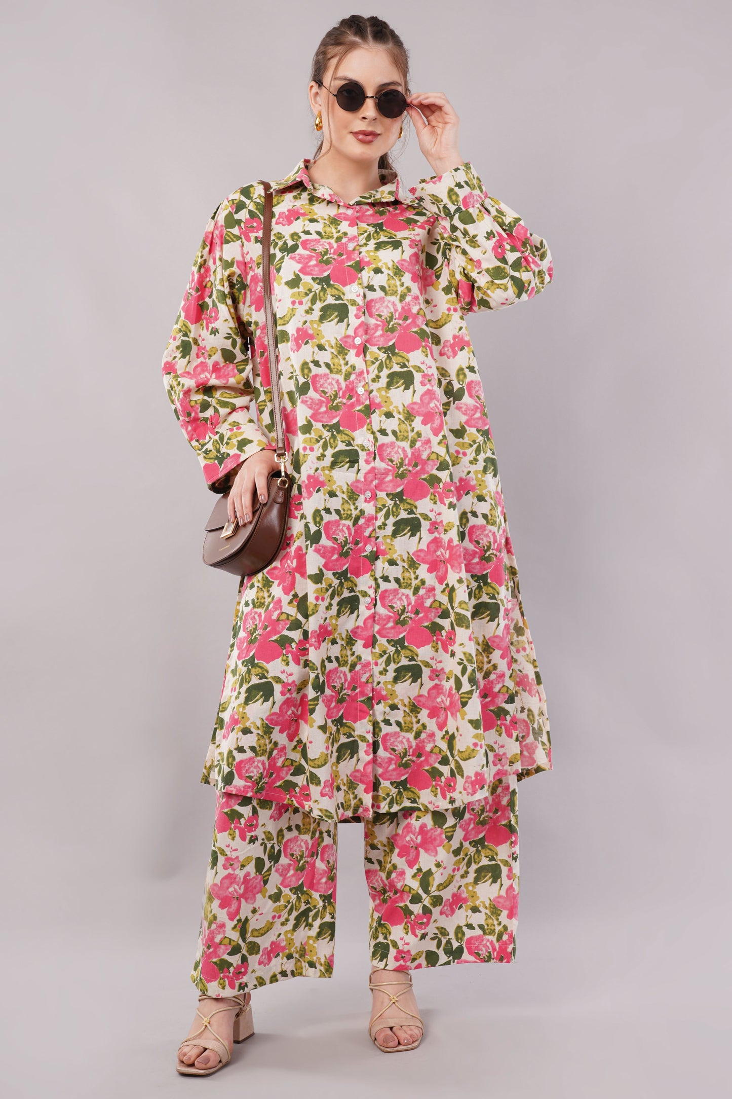 Women’s Floral Printed Co-Ord Set – Long Button-Down Shirt & Wide-Leg Pants Two-Piece Outfit