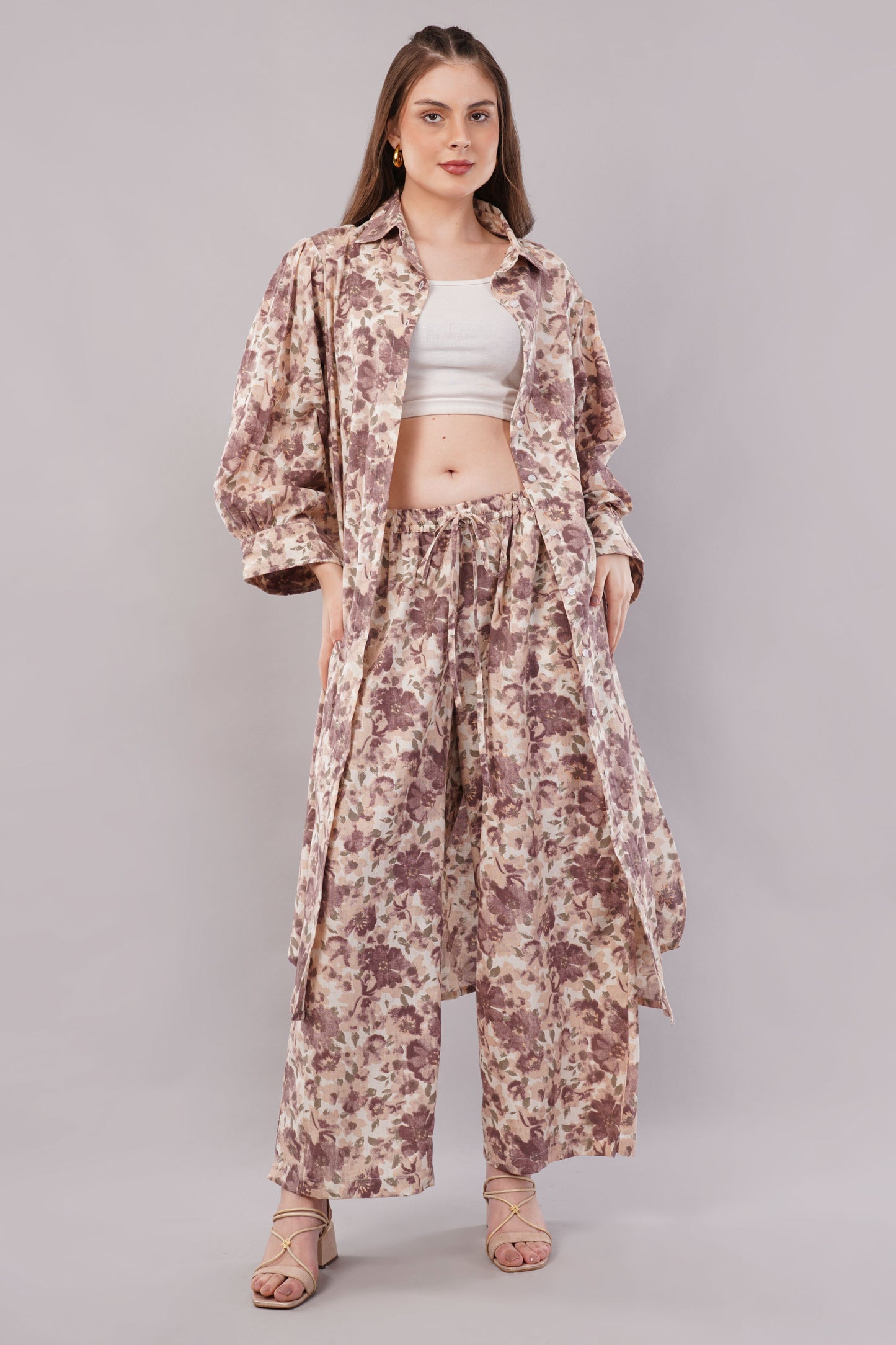 Women Botanical Floral Co-ord Set - 2-Piece Longline Button-Down Tunic & Wide Leg Trousers