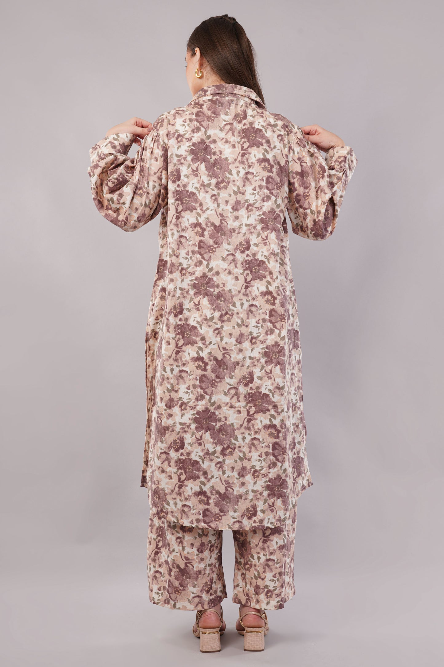 Women Botanical Floral Co-ord Set - 2-Piece Longline Button-Down Tunic & Wide Leg Trousers