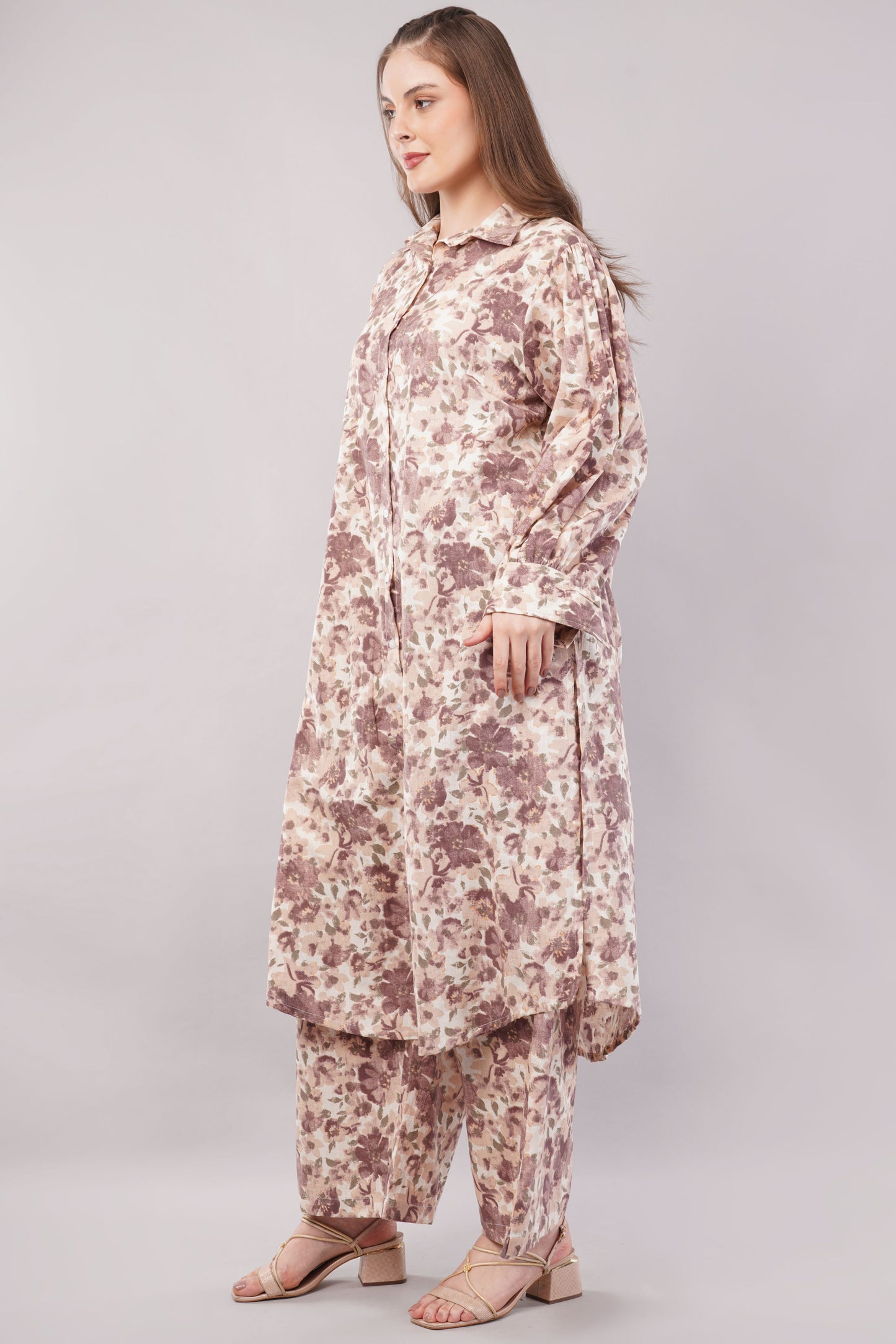 Women Botanical Floral Co-ord Set - 2-Piece Longline Button-Down Tunic & Wide Leg Trousers