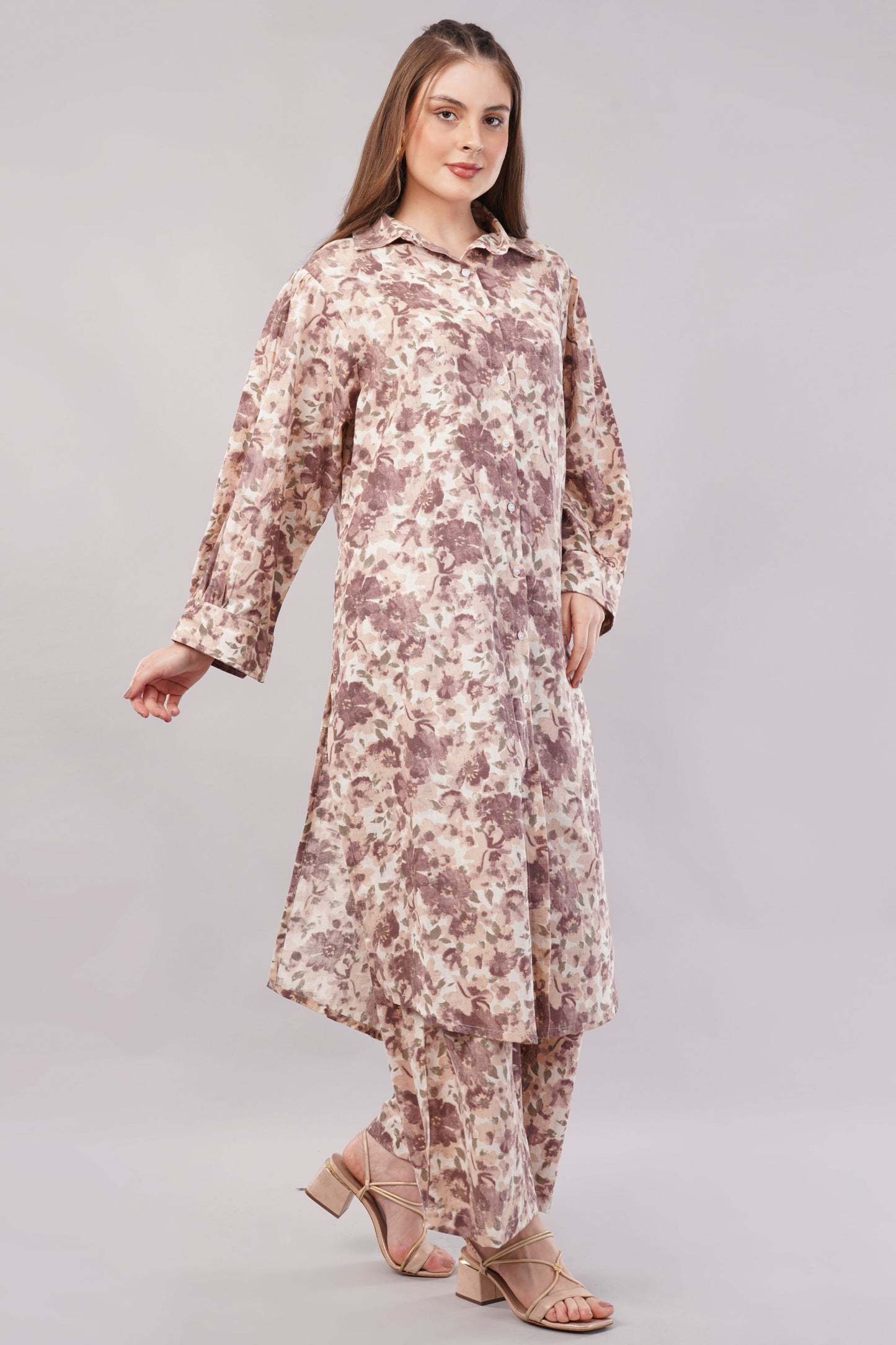 Women Botanical Floral Co-ord Set - 2-Piece Longline Button-Down Tunic & Wide Leg Trousers