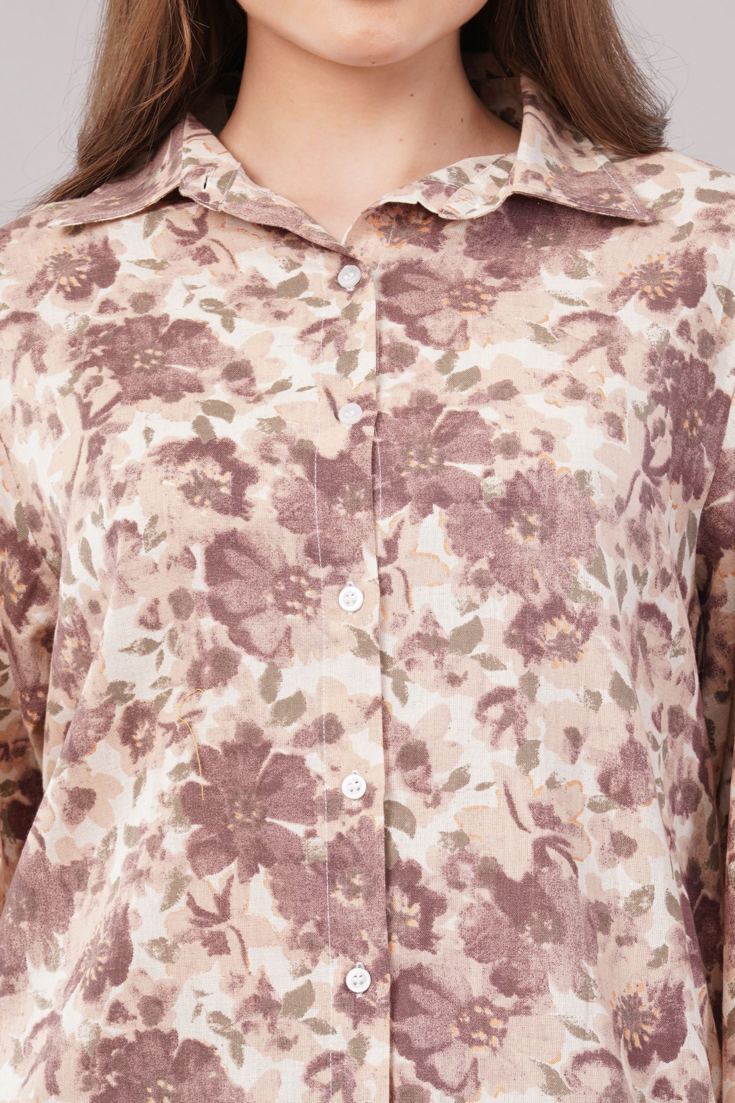 Women Botanical Floral Co-ord Set - 2-Piece Longline Button-Down Tunic & Wide Leg Trousers