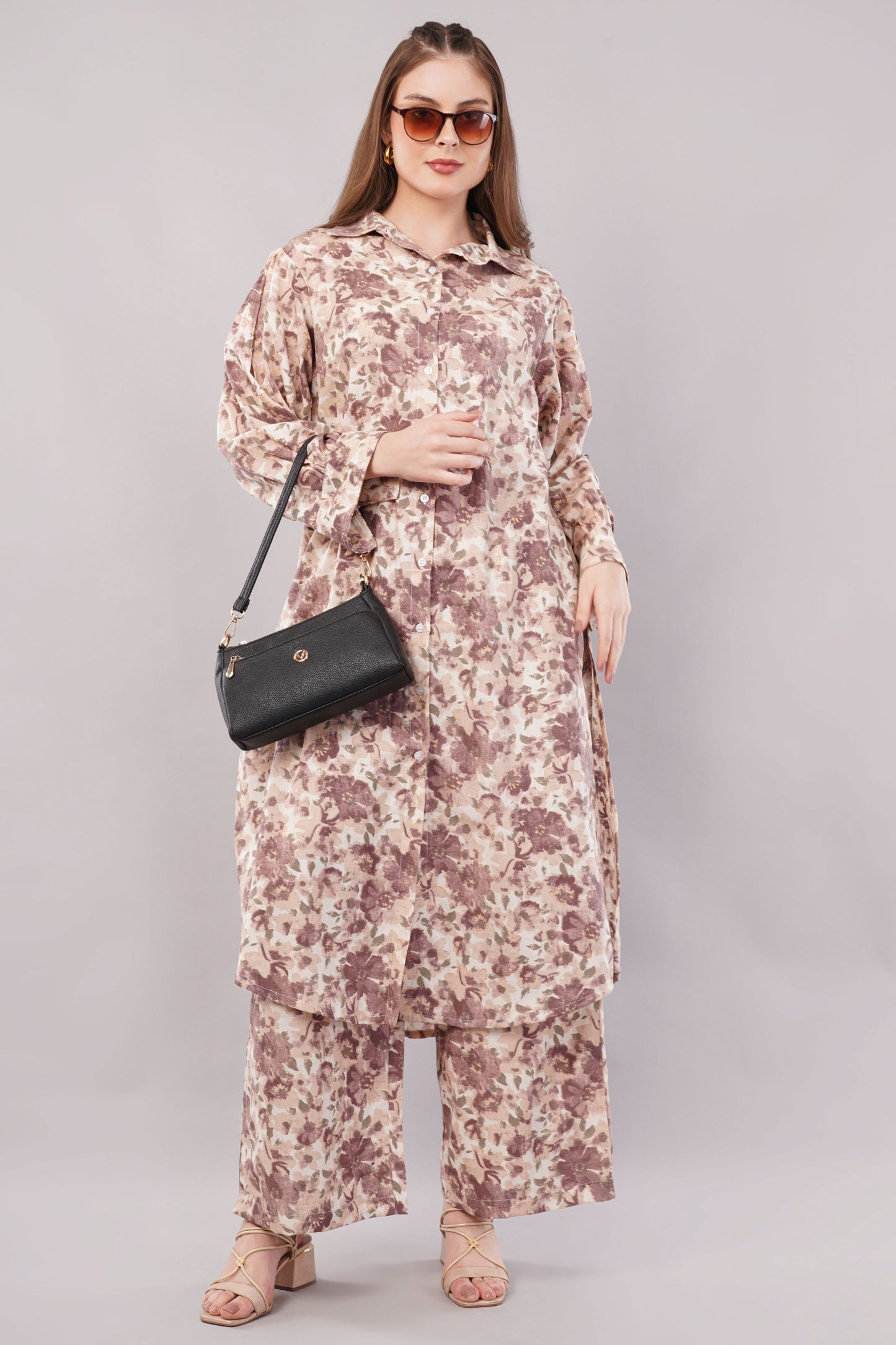 Women Botanical Floral Co-ord Set - 2-Piece Longline Button-Down Tunic & Wide Leg Trousers