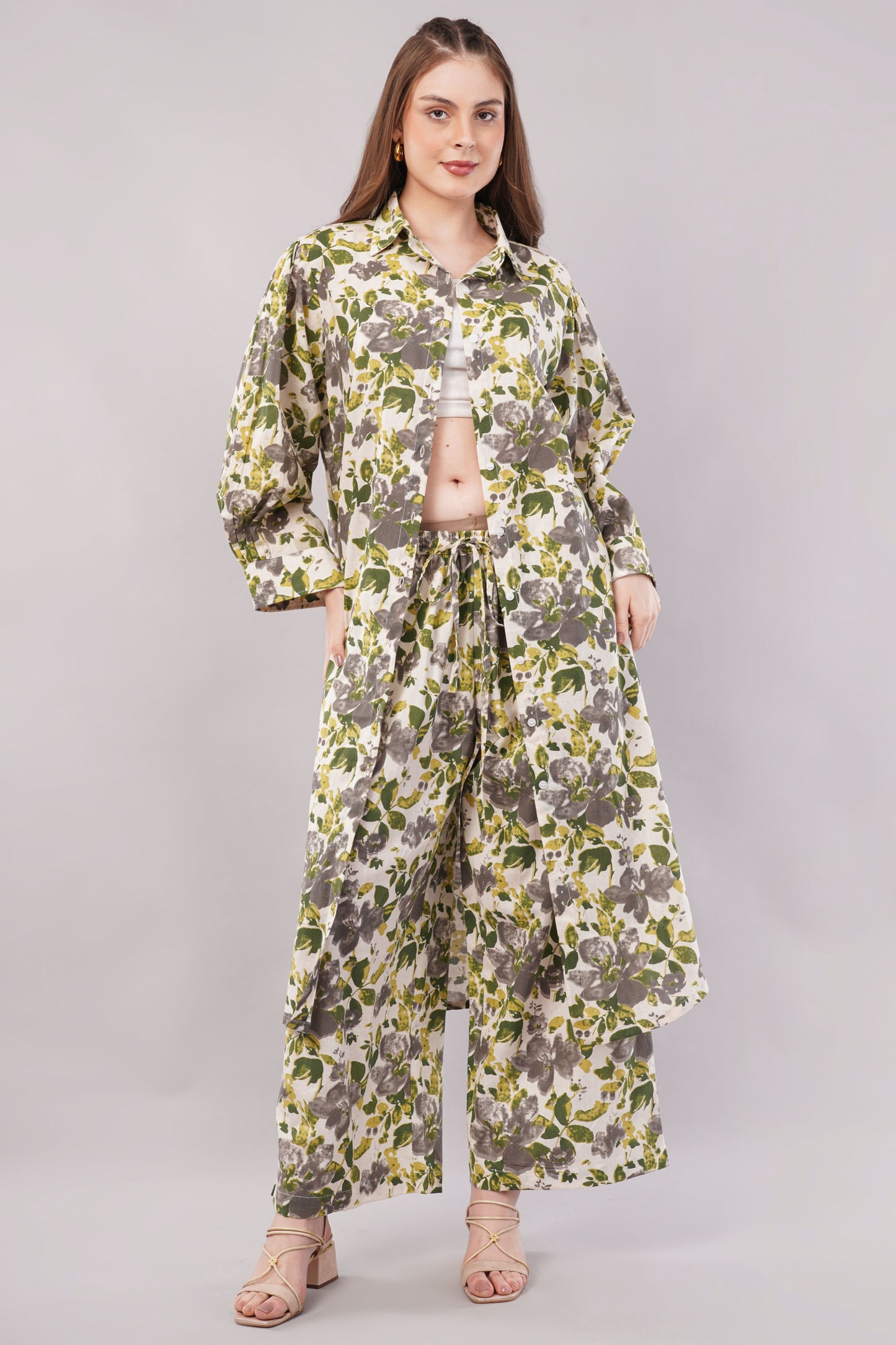 Women Botanical Floral Co-ord Set - 2-Piece Longline Button-Down Tunic & Wide Leg Trousers