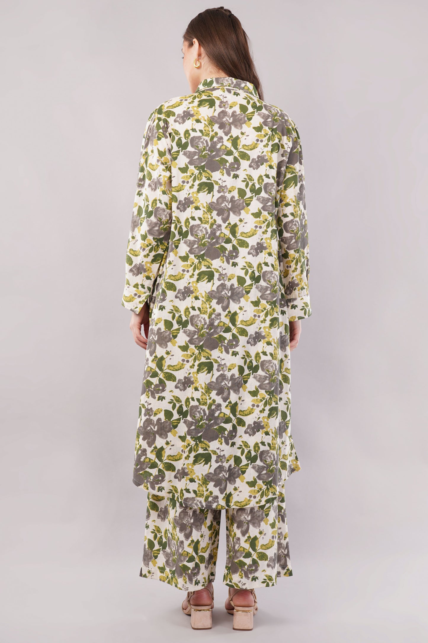 Women Botanical Floral Co-ord Set - 2-Piece Longline Button-Down Tunic & Wide Leg Trousers