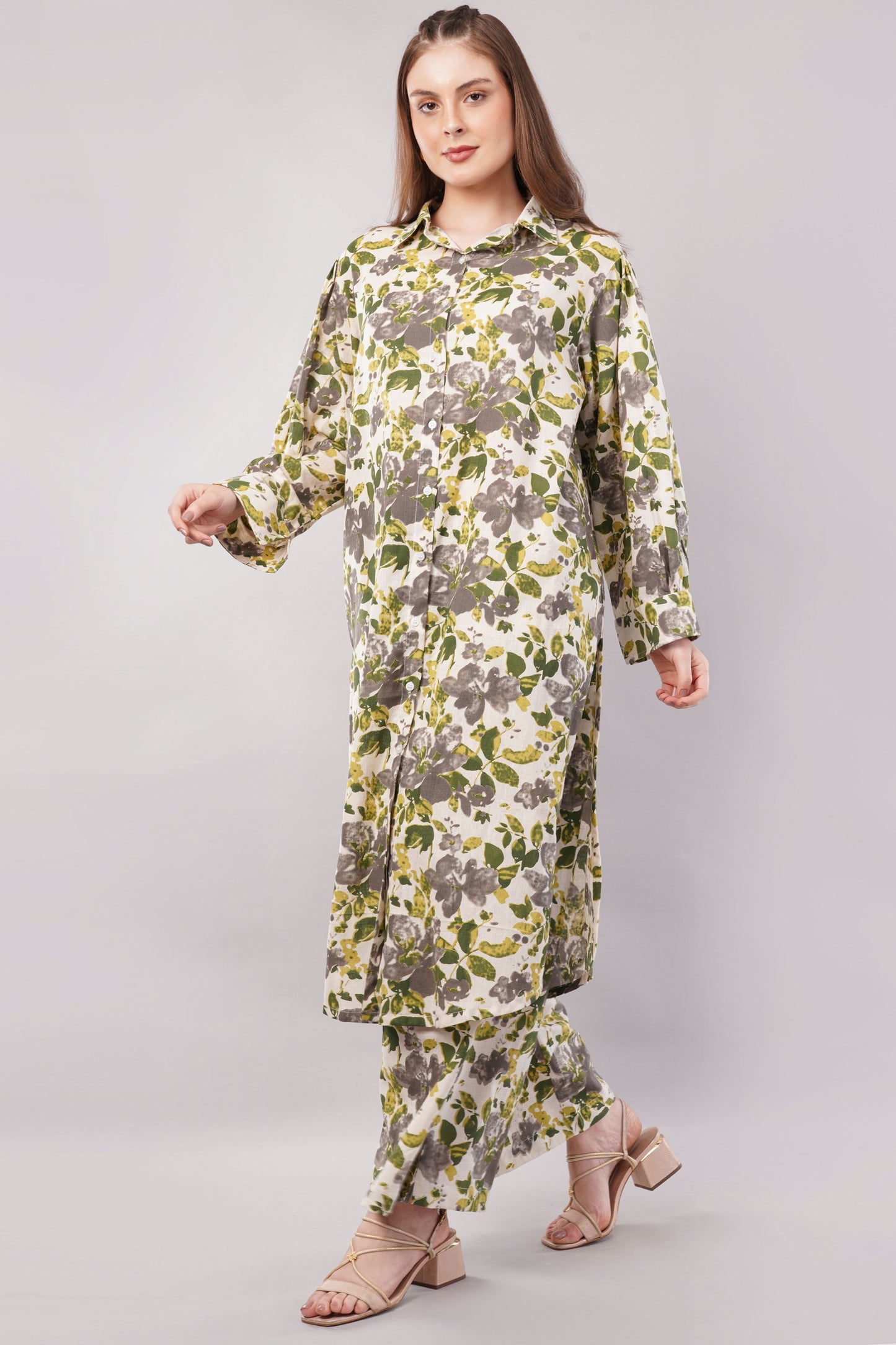 Women Botanical Floral Co-ord Set - 2-Piece Longline Button-Down Tunic & Wide Leg Trousers