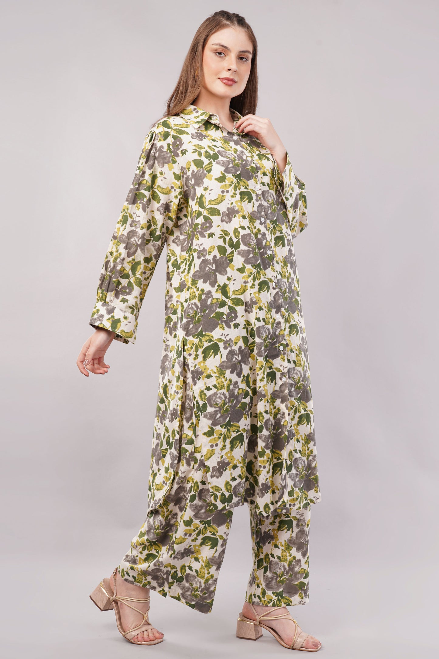 Women Botanical Floral Co-ord Set - 2-Piece Longline Button-Down Tunic & Wide Leg Trousers