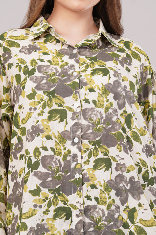 Women Botanical Floral Co-ord Set - 2-Piece Longline Button-Down Tunic & Wide Leg Trousers