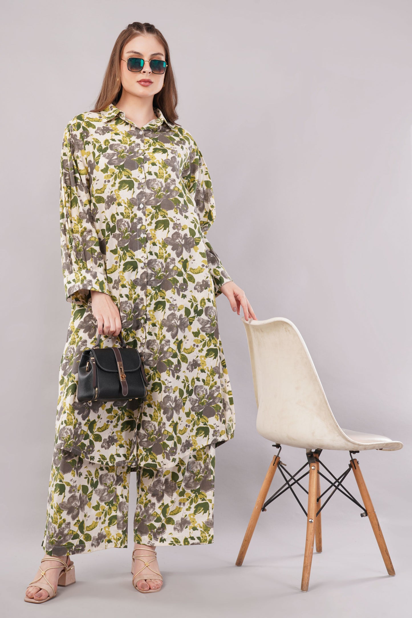 Women Botanical Floral Co-ord Set - 2-Piece Longline Button-Down Tunic & Wide Leg Trousers