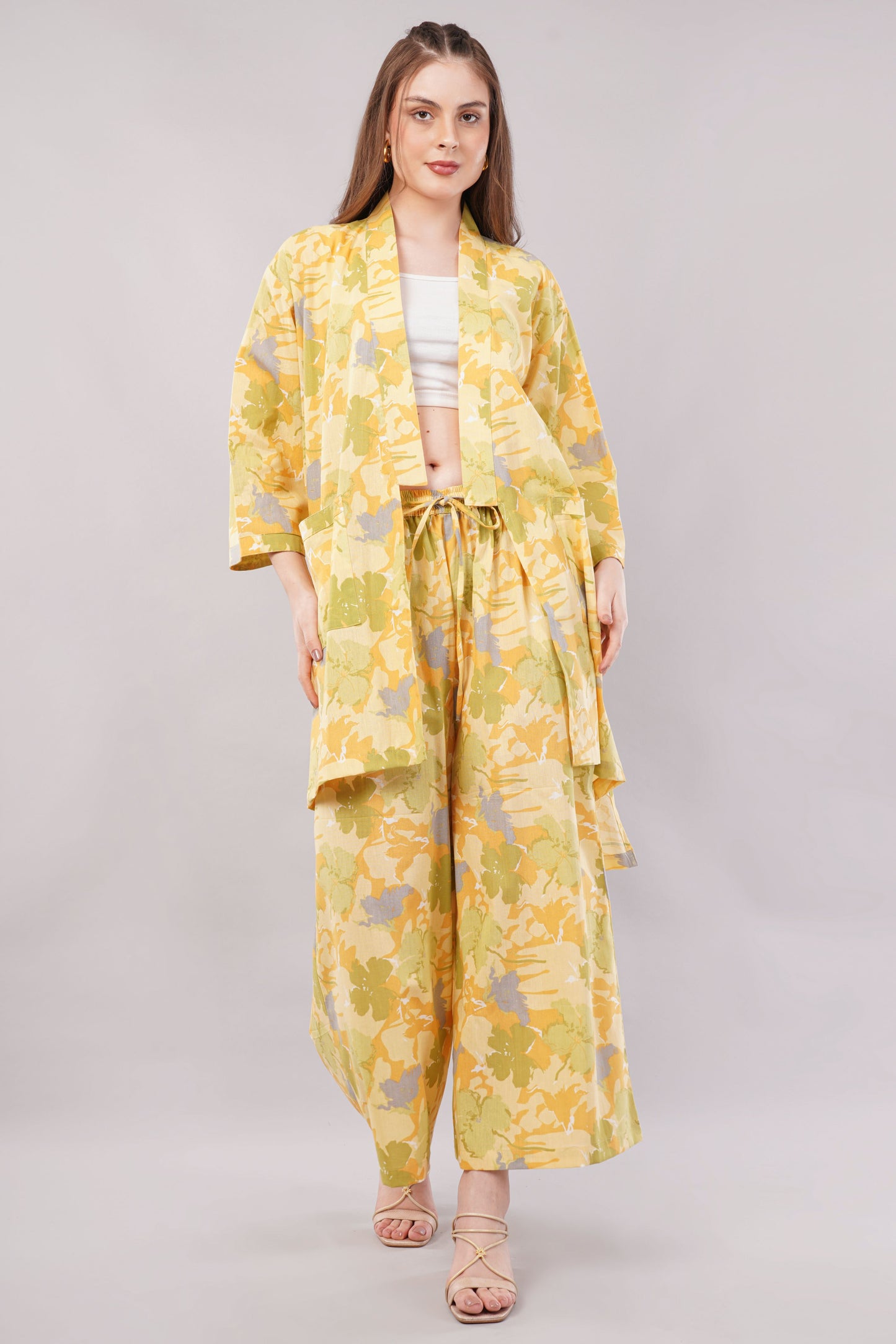 Yellow Floral Kimono Co-ord Set with Wide Leg Trousers – 2-Piece Summer Loungewear