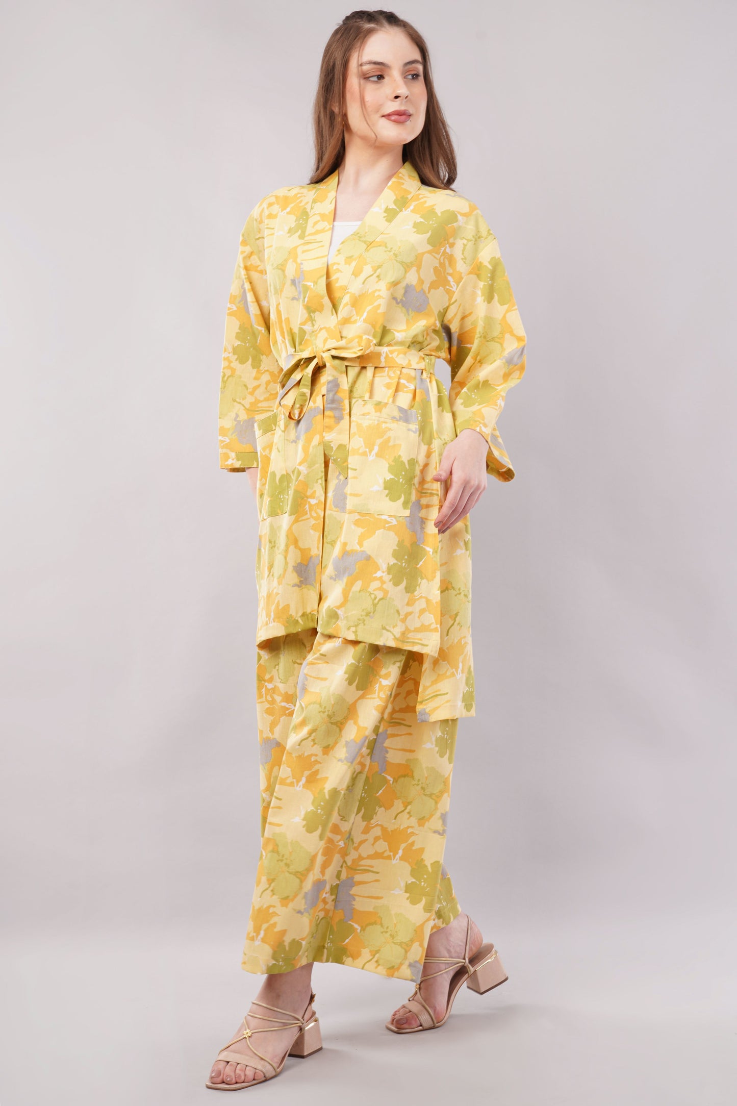 Yellow Floral Kimono Co-ord Set with Wide Leg Trousers – 2-Piece Summer Loungewear