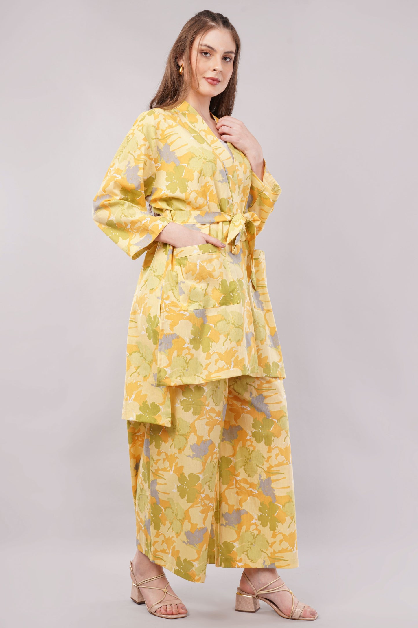 Yellow Floral Kimono Co-ord Set with Wide Leg Trousers – 2-Piece Summer Loungewear