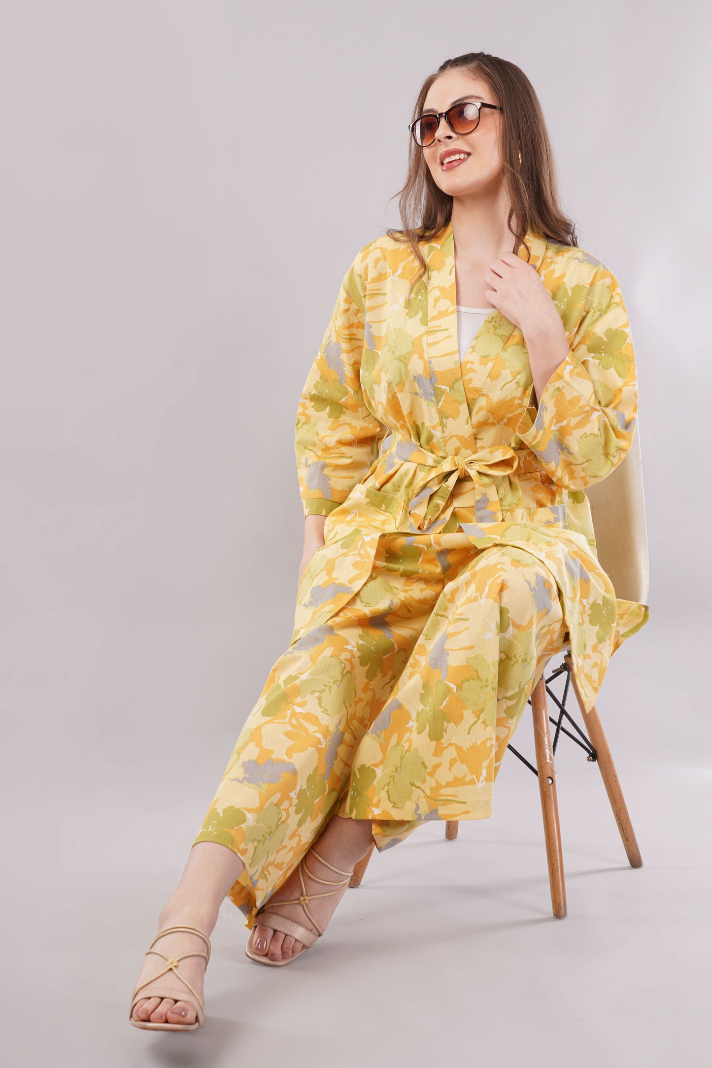 Yellow Floral Kimono Co-ord Set with Wide Leg Trousers – 2-Piece Summer Loungewear