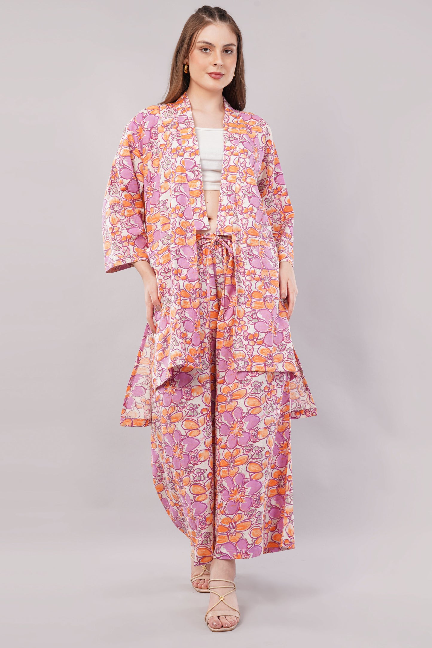 Boho Floral Print 2-Piece Set – Longline Kimono Wrap & Wide Leg Trousers in Pink/Orange