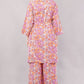 Boho Floral Print 2-Piece Set – Longline Kimono Wrap & Wide Leg Trousers in Pink/Orange