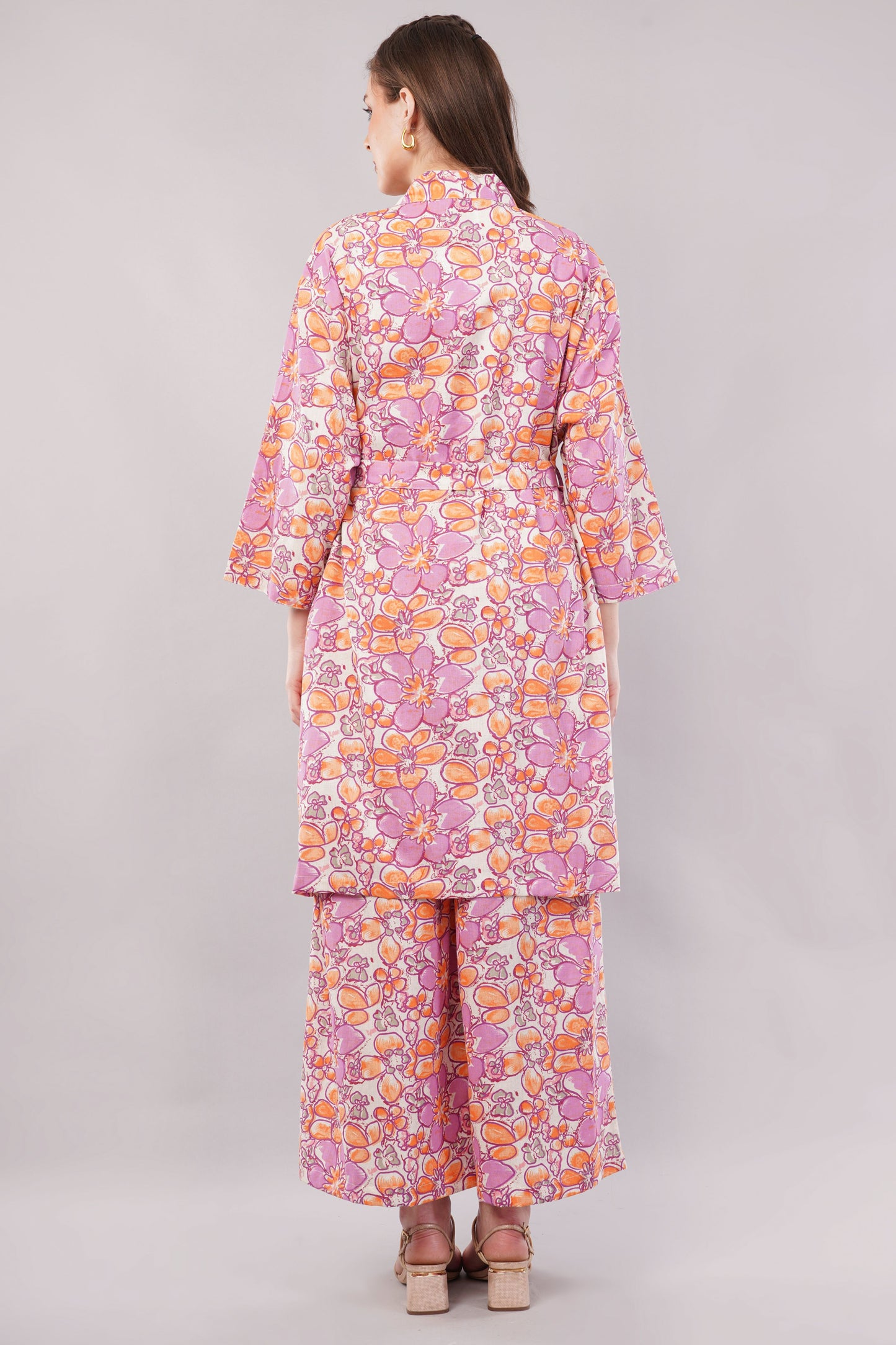 Boho Floral Print 2-Piece Set – Longline Kimono Wrap & Wide Leg Trousers in Pink/Orange