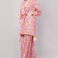 Boho Floral Print 2-Piece Set – Longline Kimono Wrap & Wide Leg Trousers in Pink/Orange