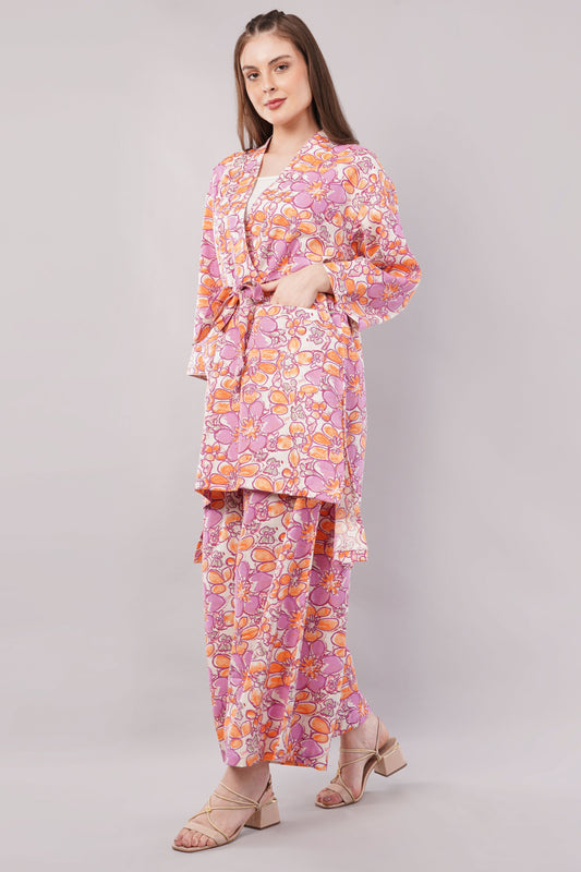 Boho Floral Print 2-Piece Set – Longline Kimono Wrap & Wide Leg Trousers in Pink/Orange