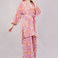 Boho Floral Print 2-Piece Set – Longline Kimono Wrap & Wide Leg Trousers in Pink/Orange