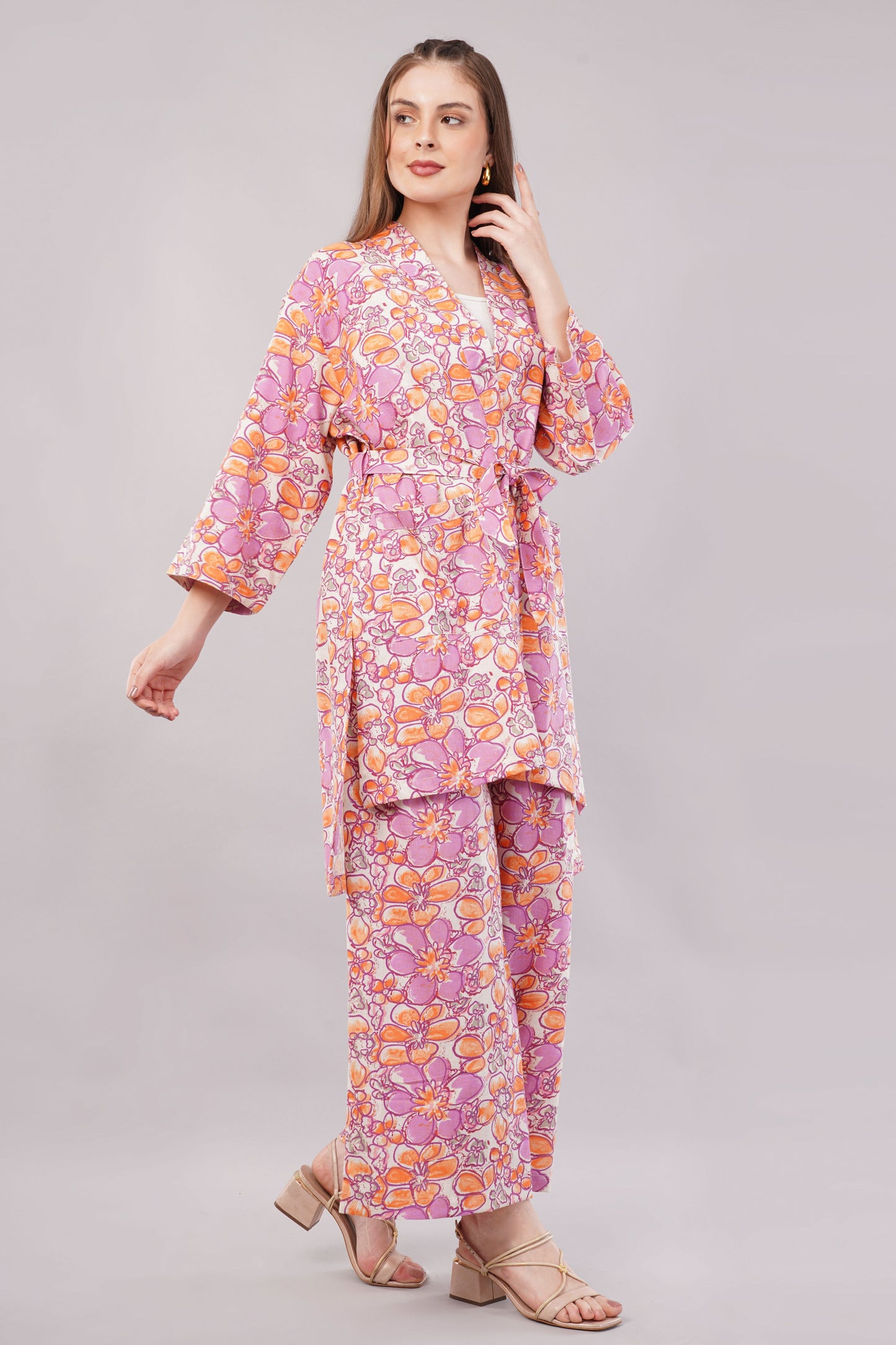 Boho Floral Print 2-Piece Set – Longline Kimono Wrap & Wide Leg Trousers in Pink/Orange