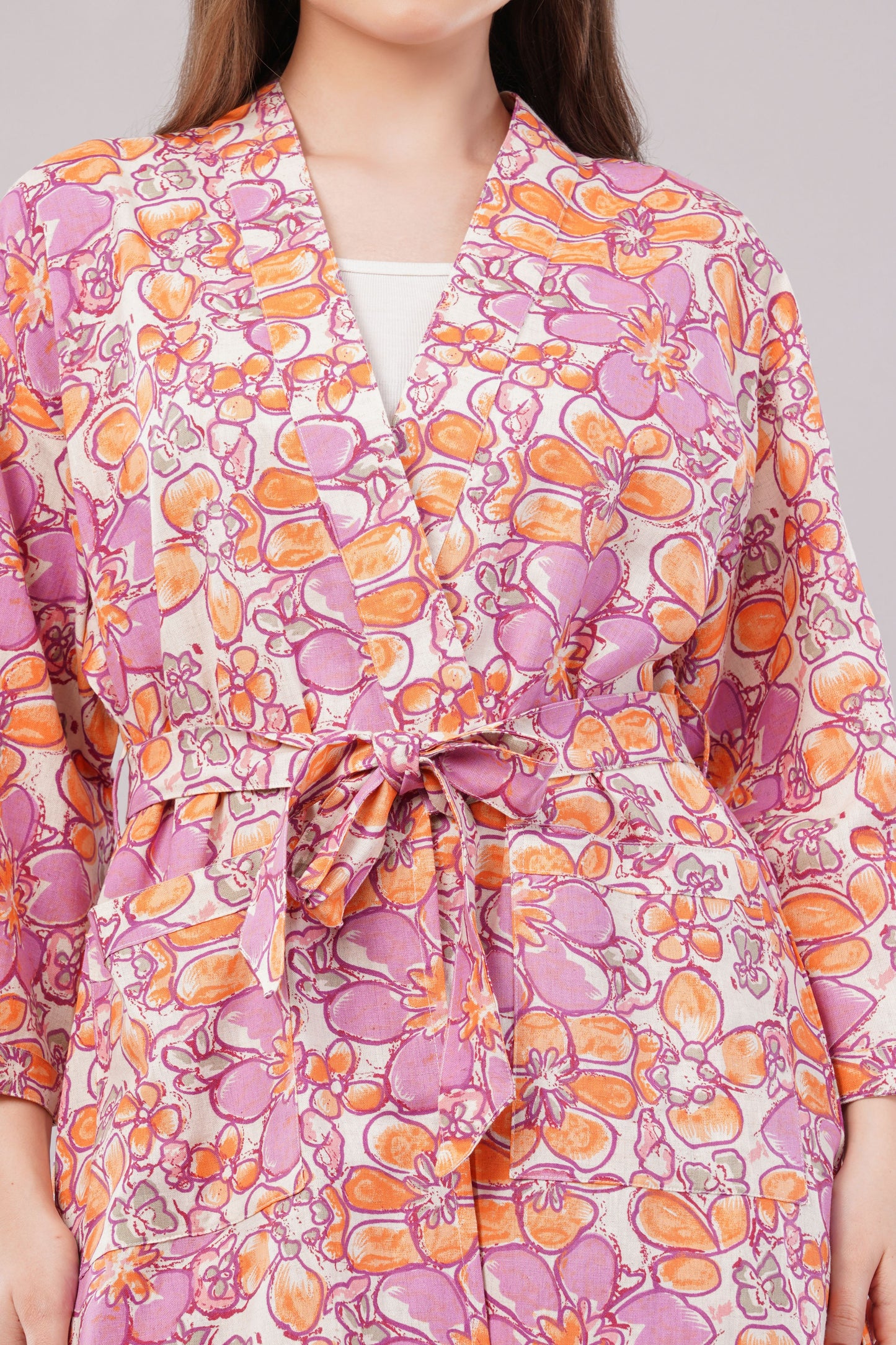Boho Floral Print 2-Piece Set – Longline Kimono Wrap & Wide Leg Trousers in Pink/Orange