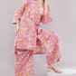 Boho Floral Print 2-Piece Set – Longline Kimono Wrap & Wide Leg Trousers in Pink/Orange