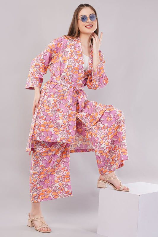 Boho Floral Print 2-Piece Set – Longline Kimono Wrap & Wide Leg Trousers in Pink/Orange