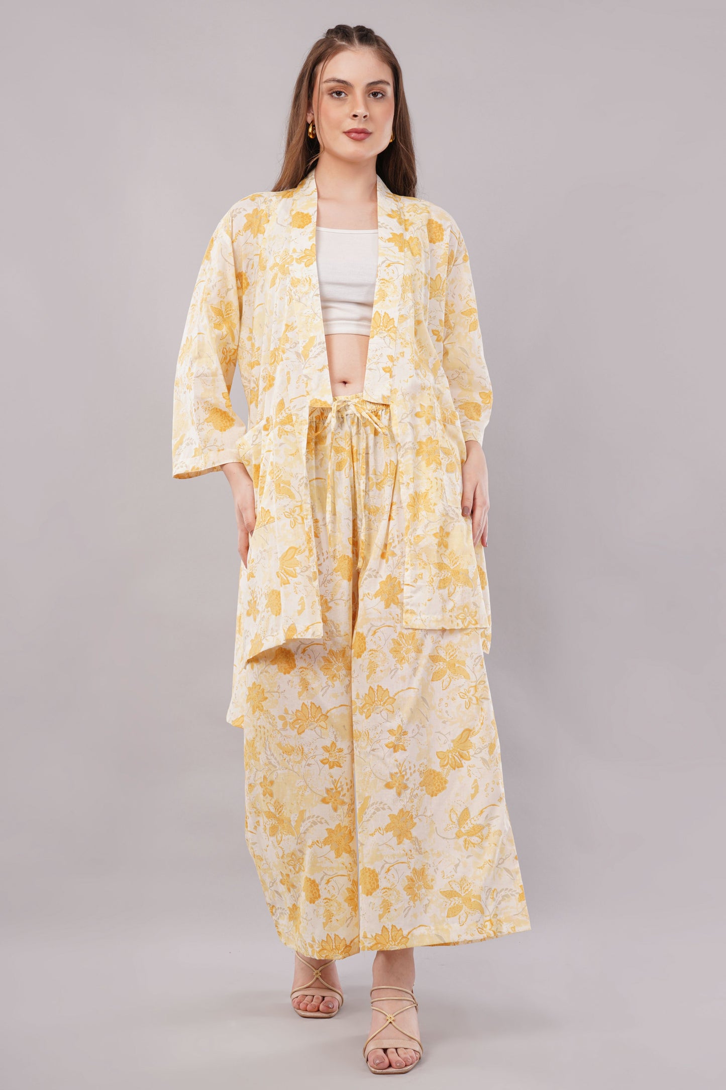 Yellow Floral Print 2-Piece Co-ord Set with Kimono Shrug and Wide Leg Trousers