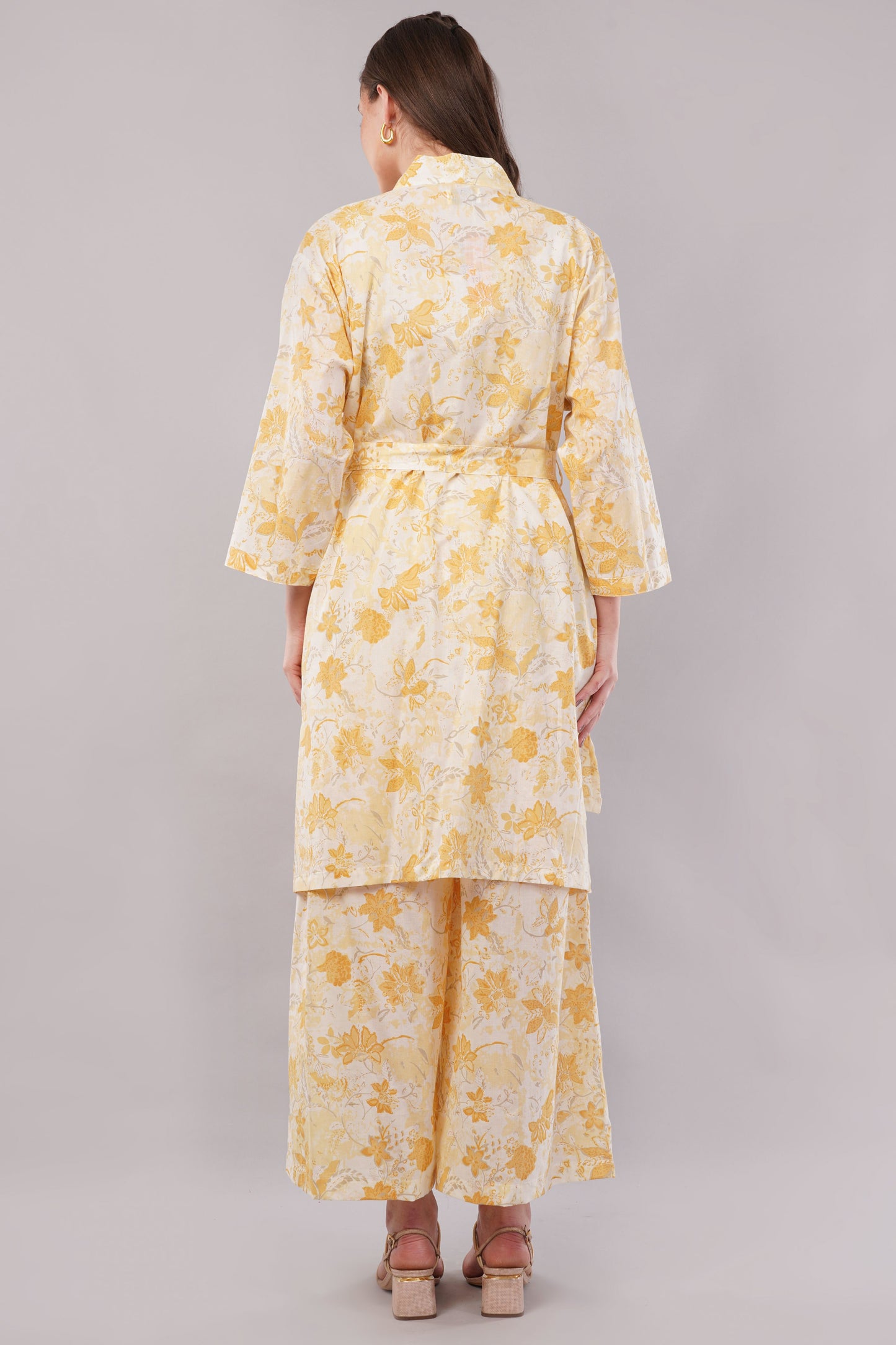 Yellow Floral Print 2-Piece Co-ord Set with Kimono Shrug and Wide Leg Trousers