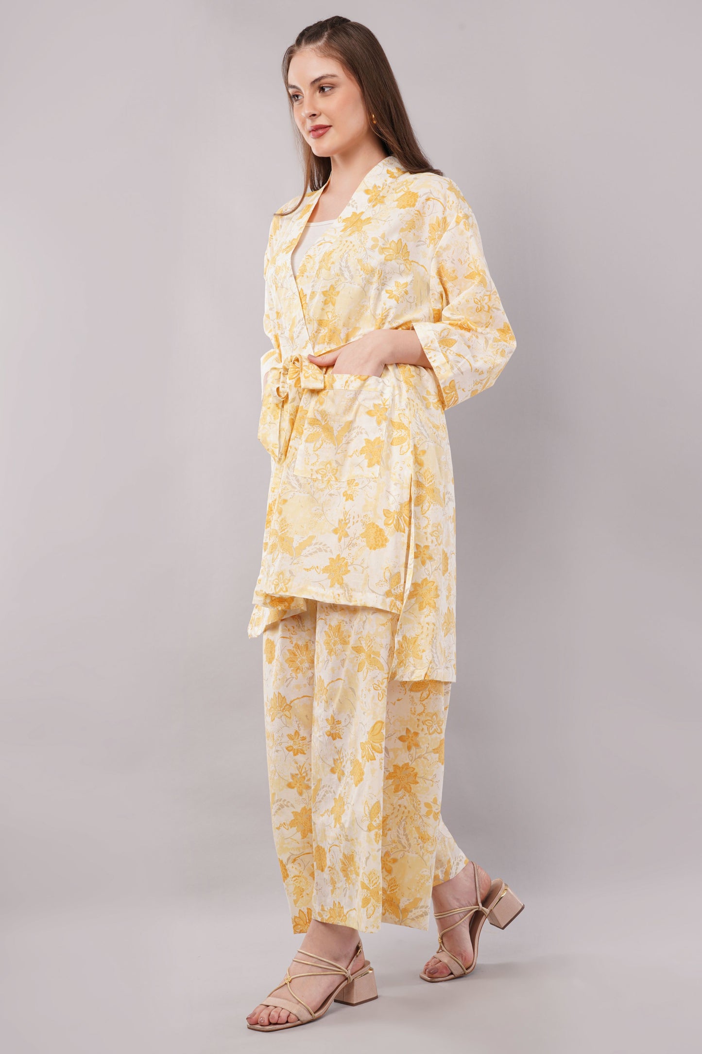 Yellow Floral Print 2-Piece Co-ord Set with Kimono Shrug and Wide Leg Trousers