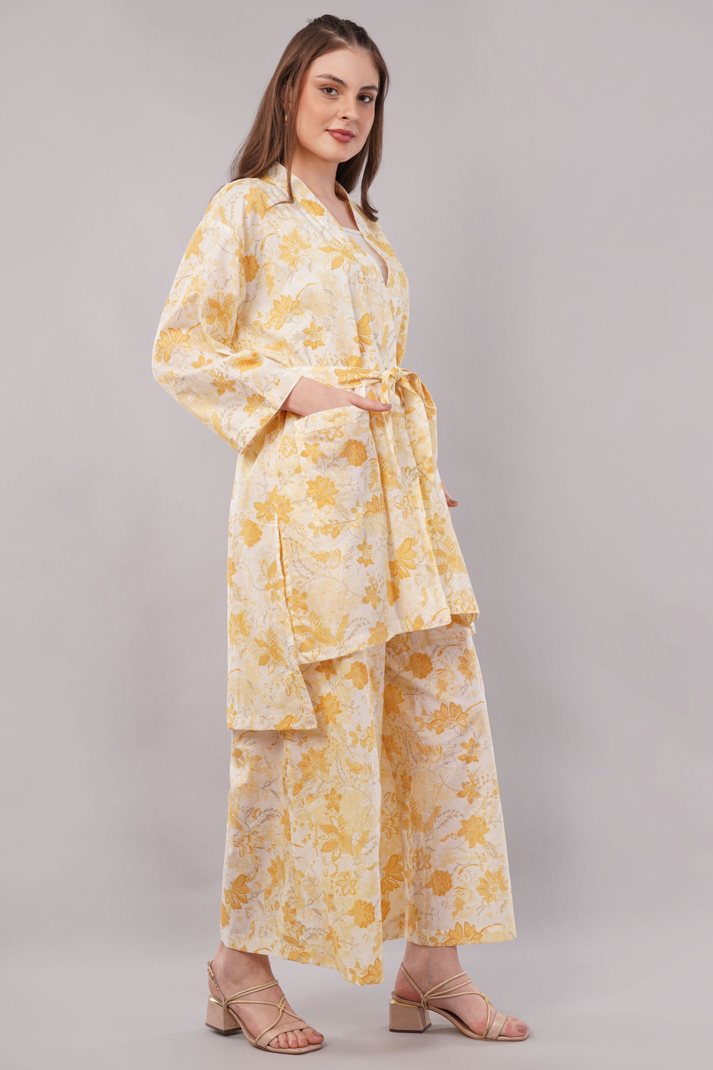 Yellow Floral Print 2-Piece Co-ord Set with Kimono Shrug and Wide Leg Trousers