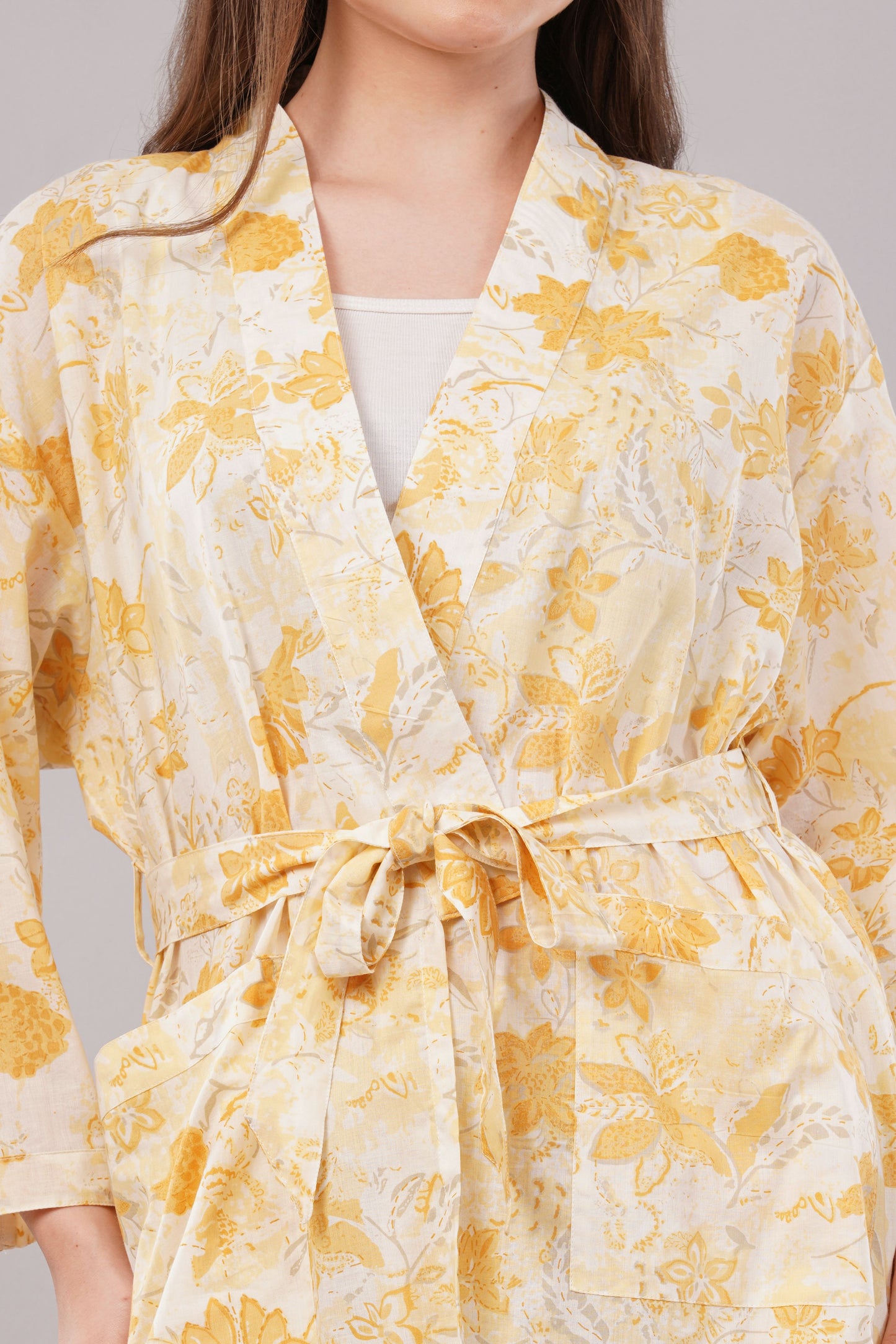 Yellow Floral Print 2-Piece Co-ord Set with Kimono Shrug and Wide Leg Trousers