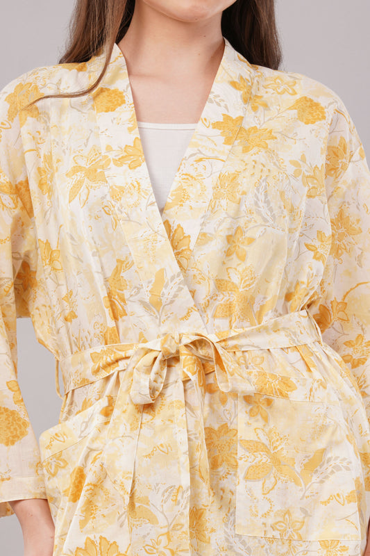 Yellow Floral Print 2-Piece Co-ord Set with Kimono Shrug and Wide Leg Trousers