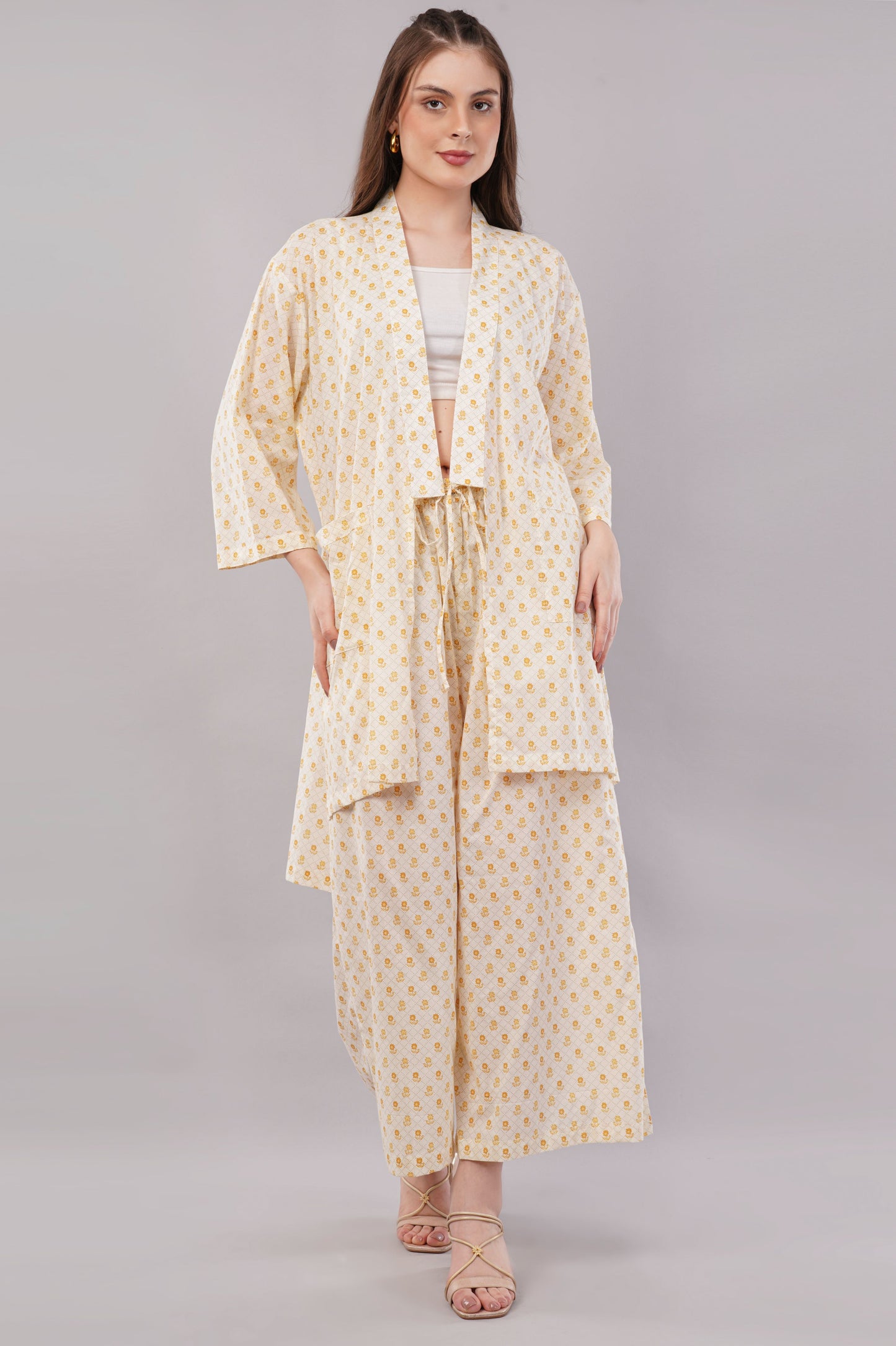 Yellow Floral Ditsy Print 2-Piece Co-ord Set with Kimono Shrug and Palazzo Pants