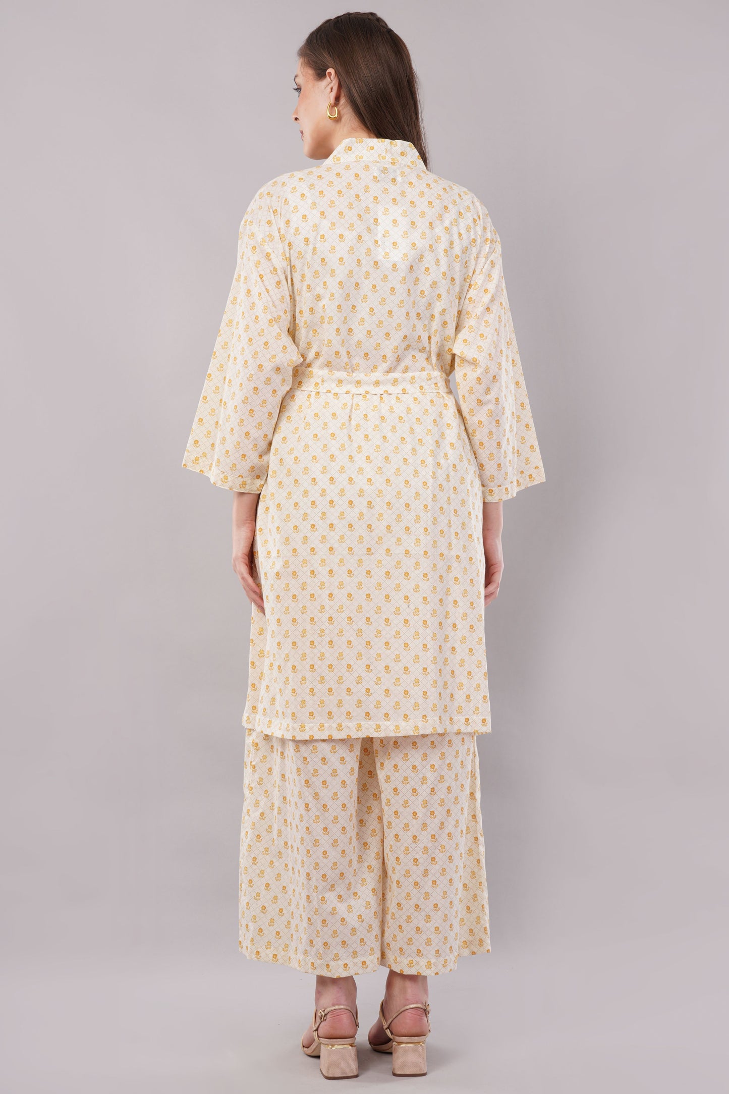 Yellow Floral Ditsy Print 2-Piece Co-ord Set with Kimono Shrug and Palazzo Pants