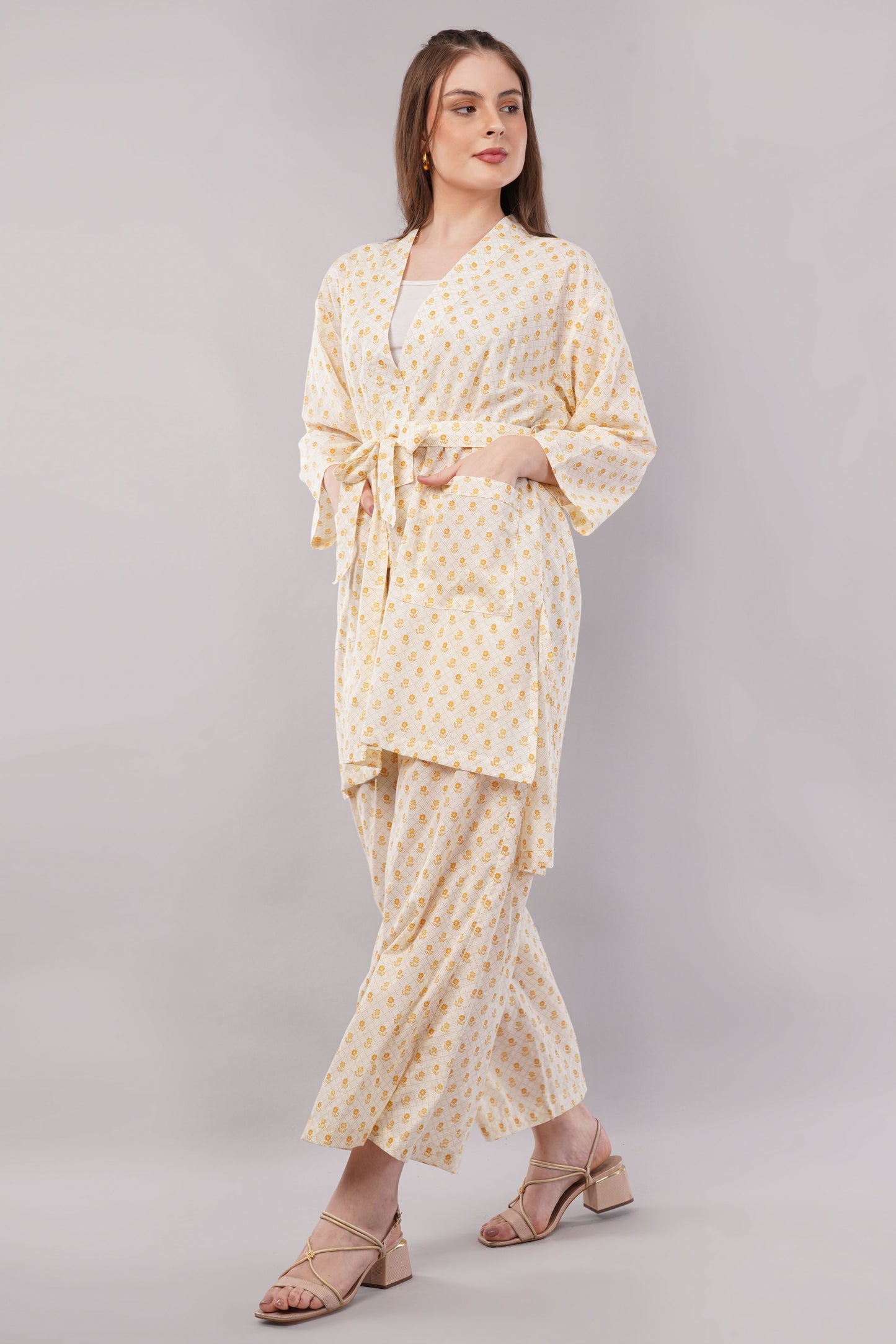 Yellow Floral Ditsy Print 2-Piece Co-ord Set with Kimono Shrug and Palazzo Pants
