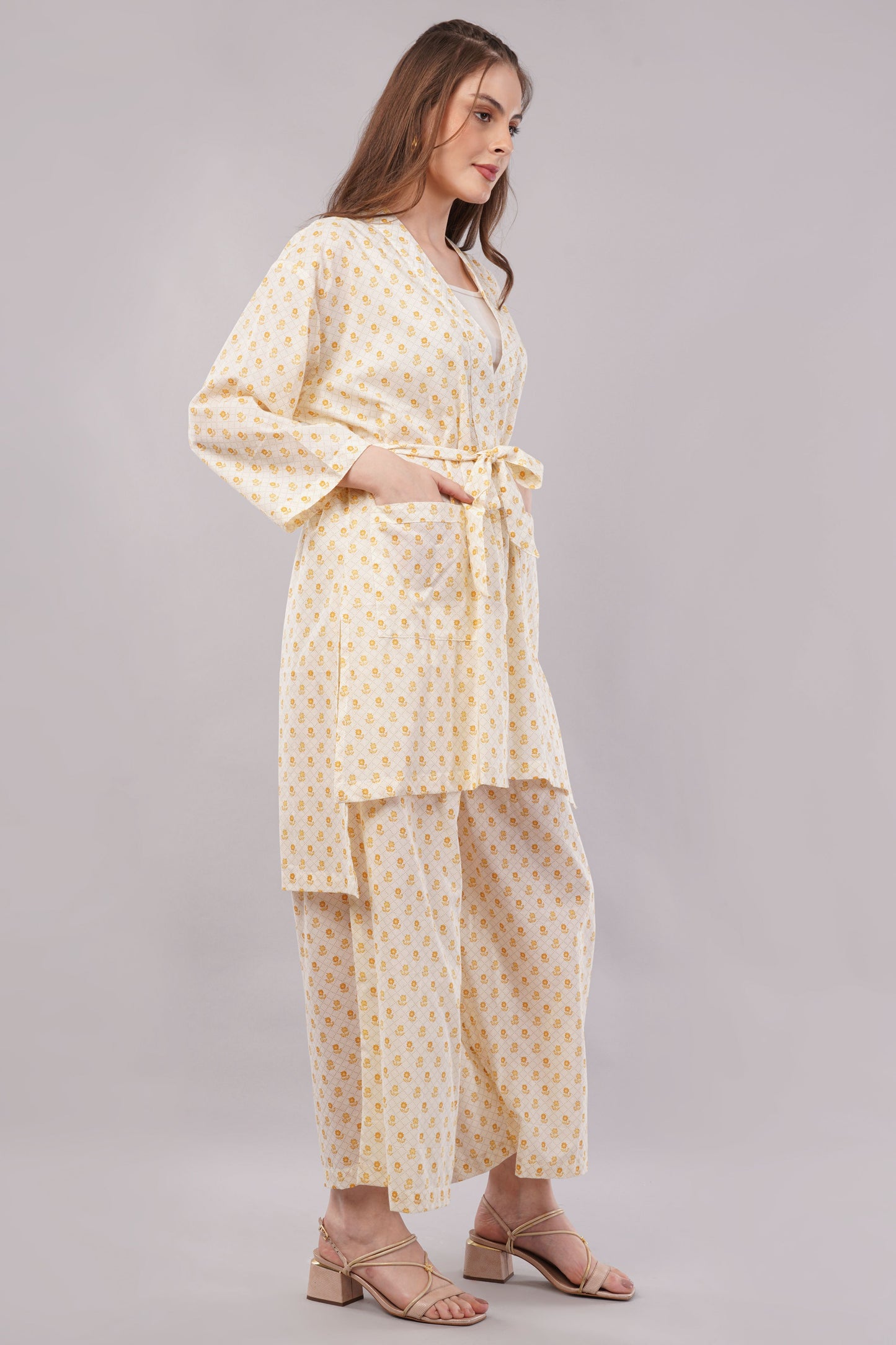 Yellow Floral Ditsy Print 2-Piece Co-ord Set with Kimono Shrug and Palazzo Pants