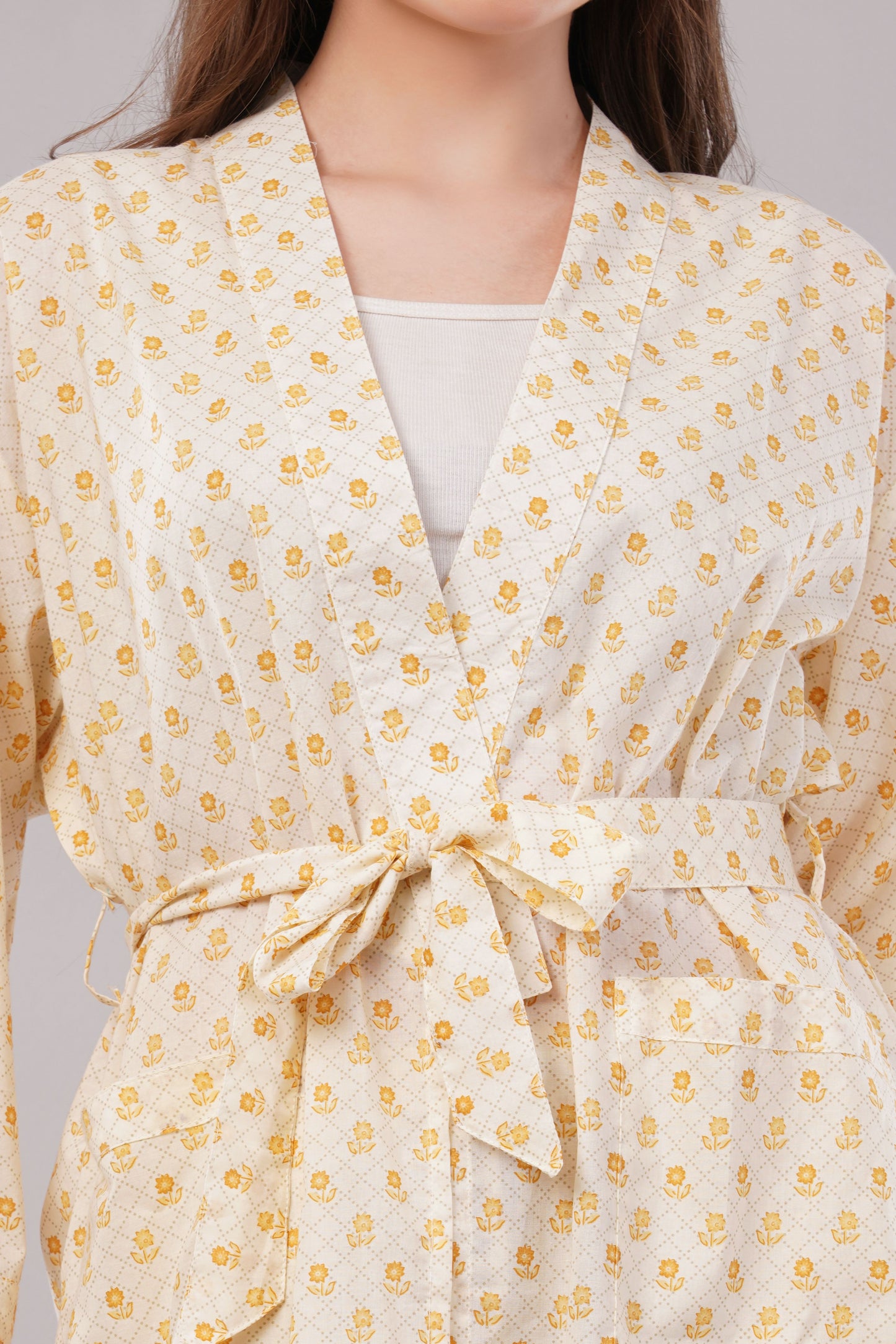 Yellow Floral Ditsy Print 2-Piece Co-ord Set with Kimono Shrug and Palazzo Pants