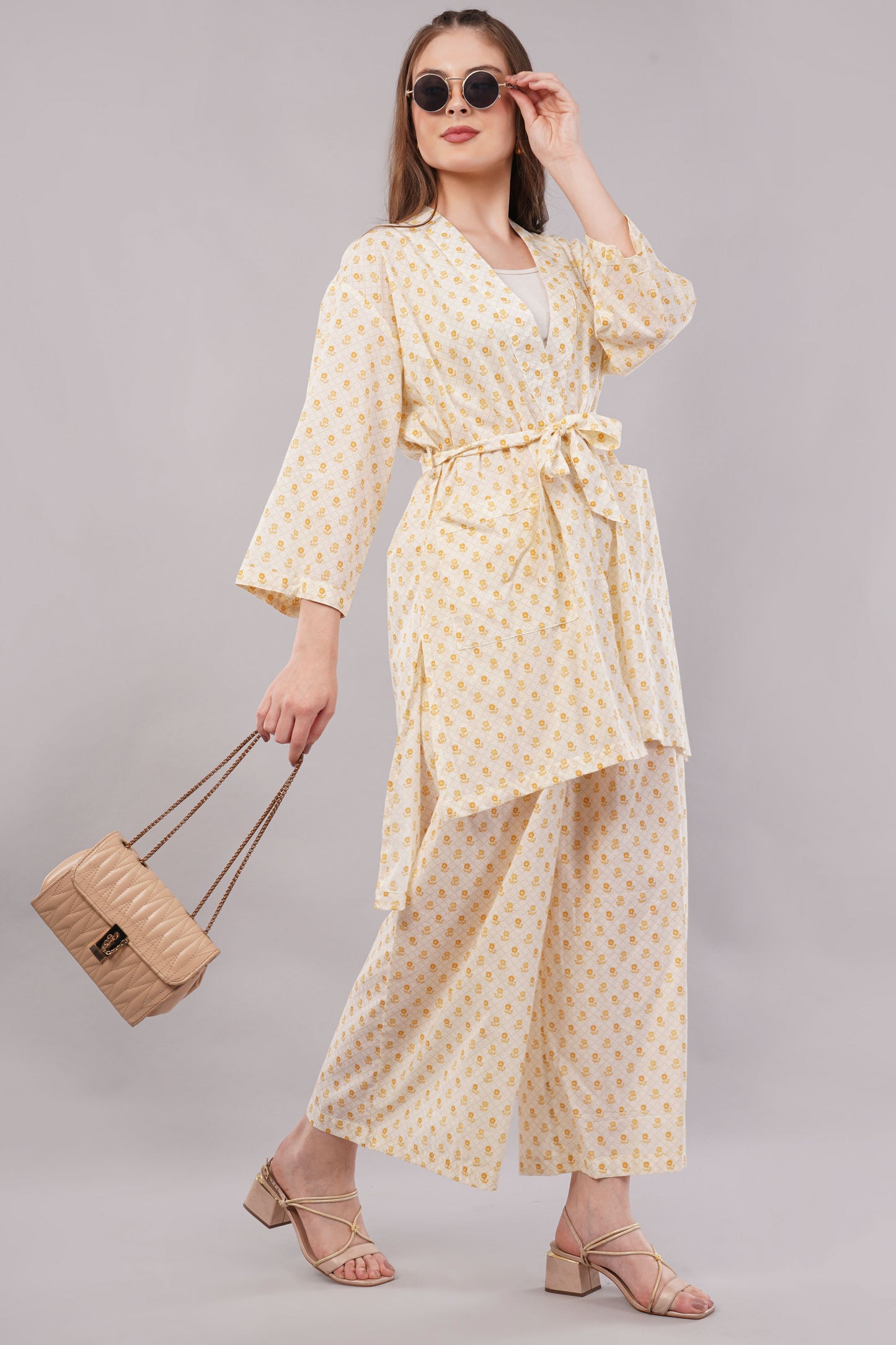 Yellow Floral Ditsy Print 2-Piece Co-ord Set with Kimono Shrug and Palazzo Pants