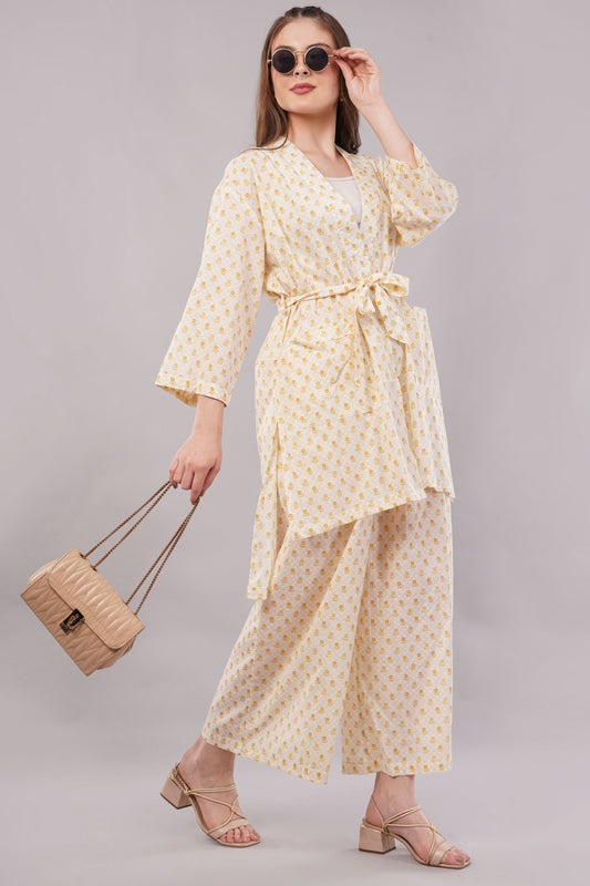 Yellow Floral Ditsy Print 2-Piece Co-ord Set with Kimono Shrug and Palazzo Pants