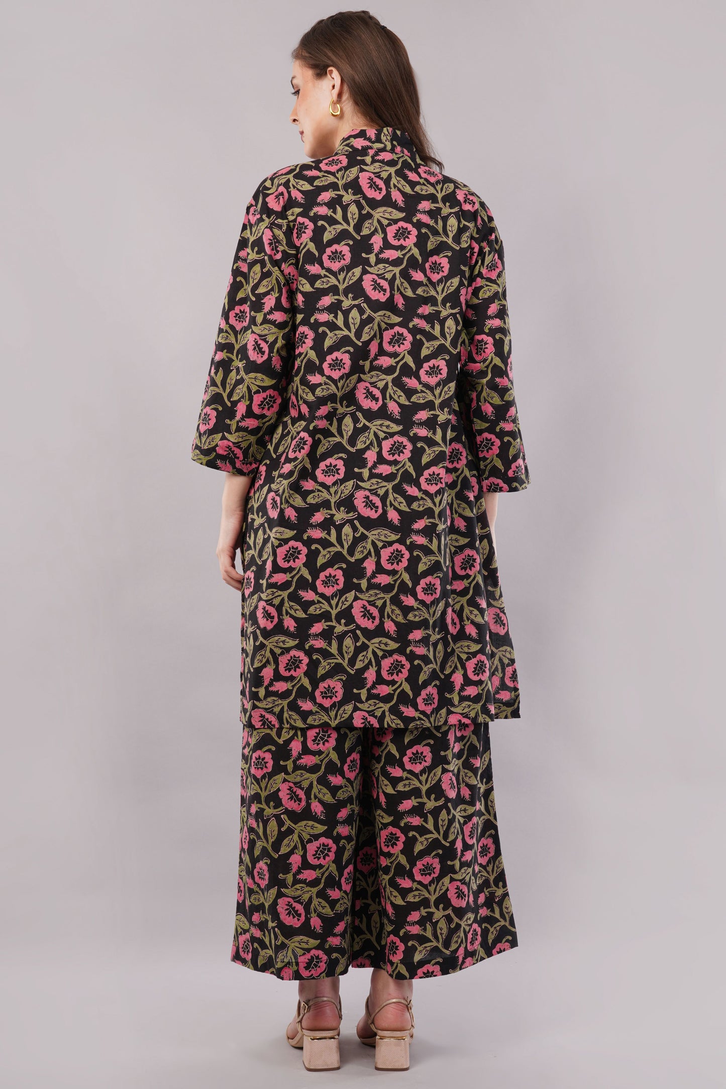 Floral Print Cotton Kimono Jacket & Palazzo Set - 2-Piece Bohemian Co-ord