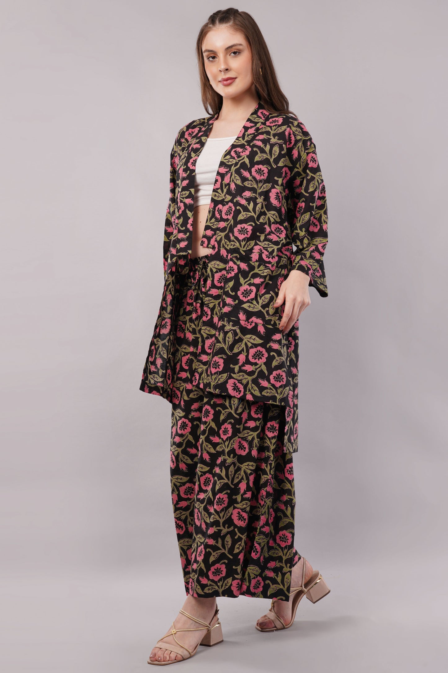 Floral Print Cotton Kimono Jacket & Palazzo Set - 2-Piece Bohemian Co-ord