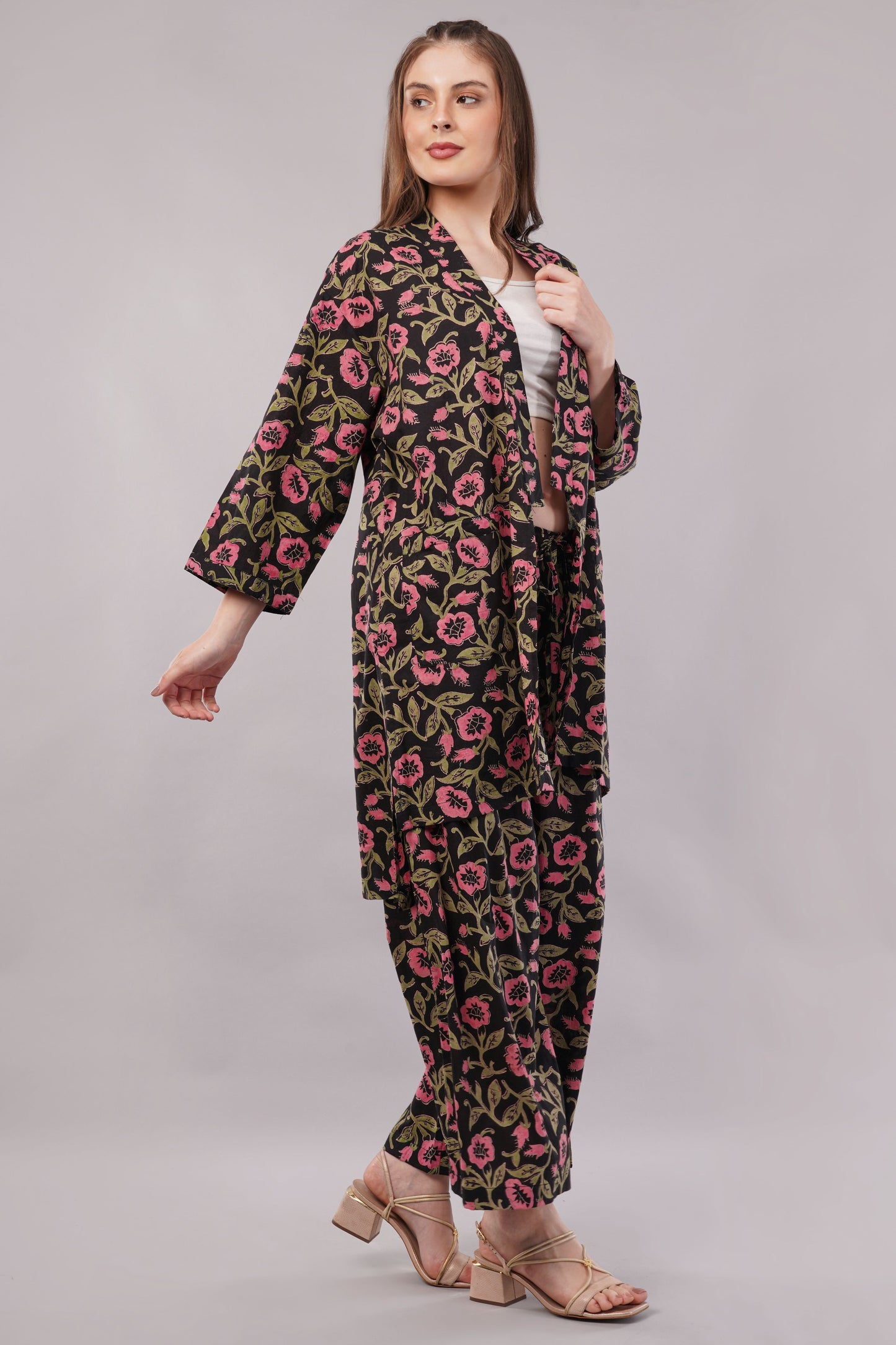 Floral Print Cotton Kimono Jacket & Palazzo Set - 2-Piece Bohemian Co-ord
