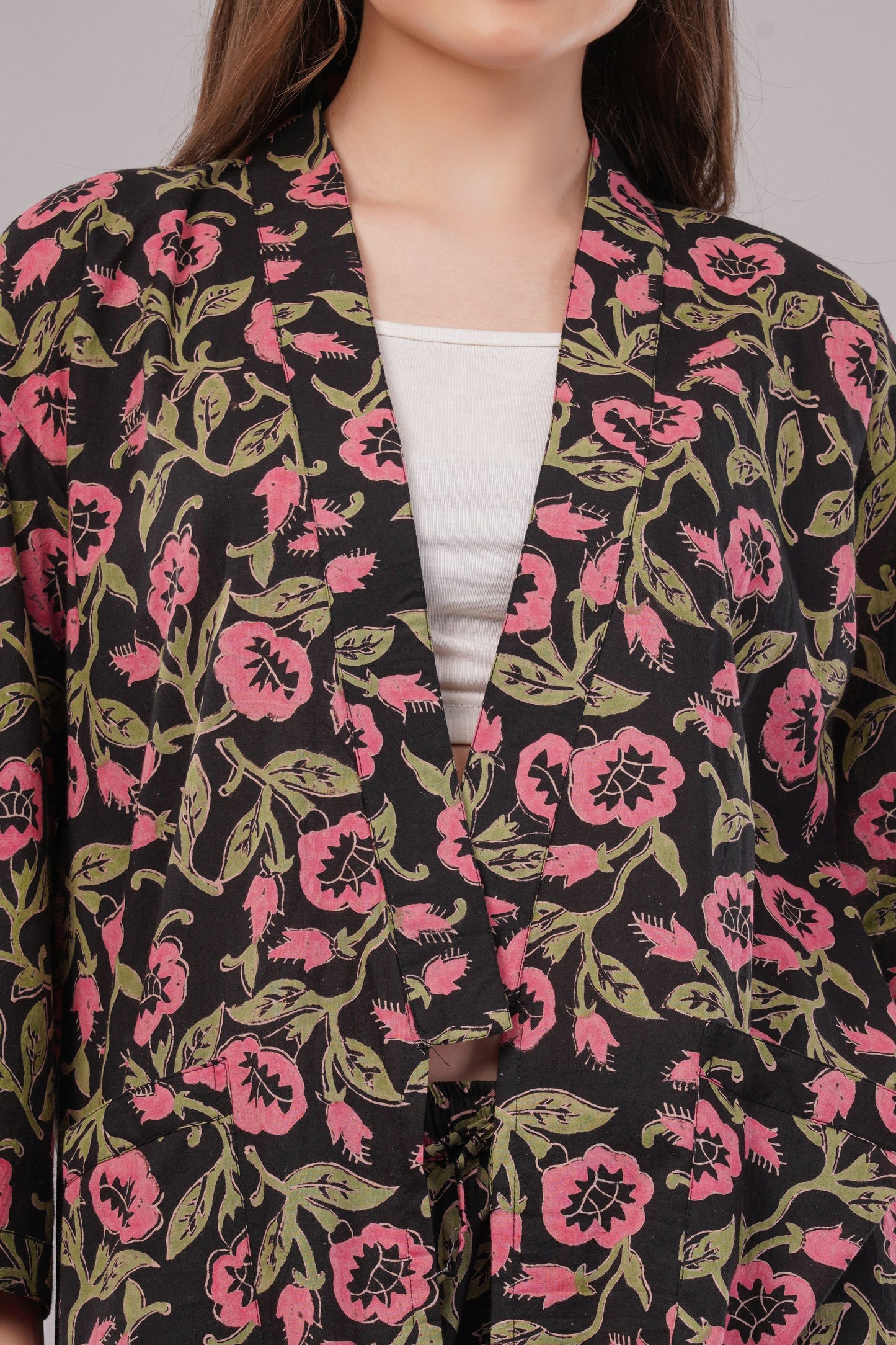 Floral Print Cotton Kimono Jacket & Palazzo Set - 2-Piece Bohemian Co-ord