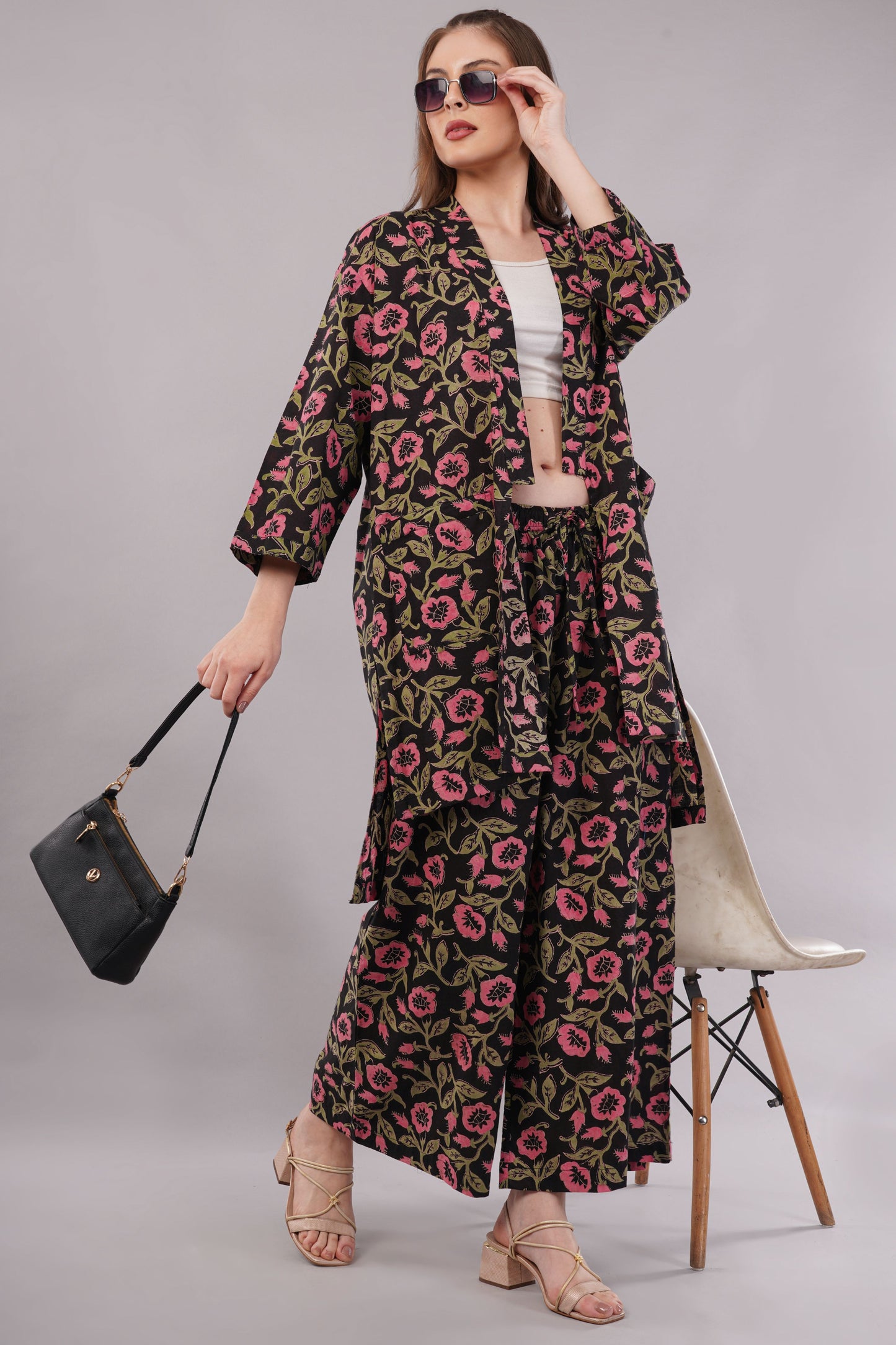 Floral Print Cotton Kimono Jacket & Palazzo Set - 2-Piece Bohemian Co-ord