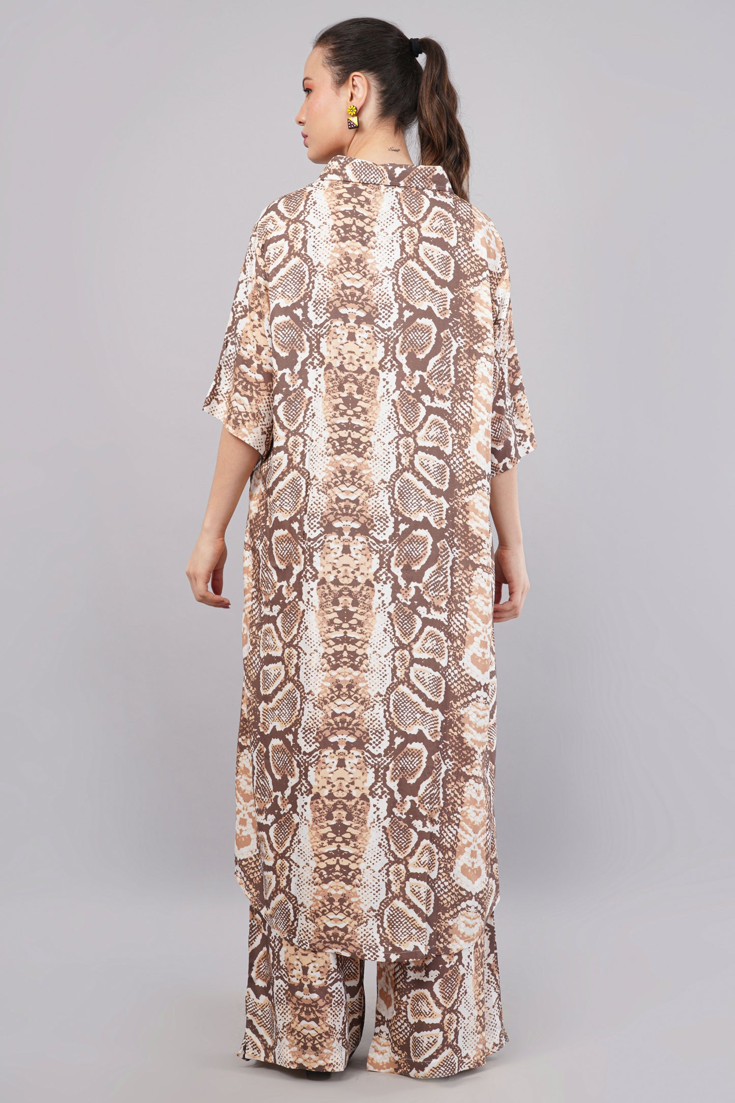 Animal Print Cotton Co-ord Set - Longline Button-Down Shirt & Wide Leg Trousers - Earthy Brown Animal Print Two-Piece Set - Modern Safari Loungewear